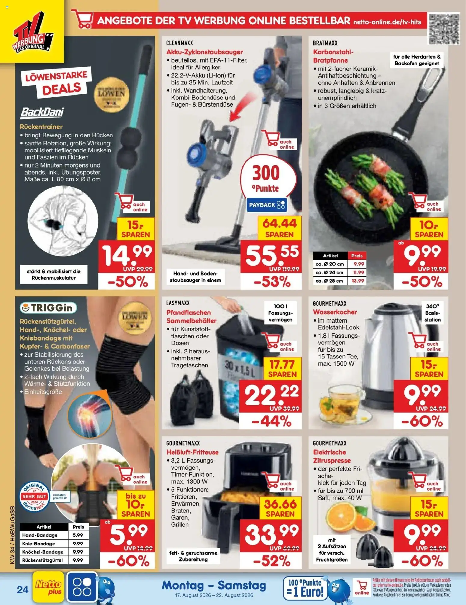 Netto Marken-Discount Prospekt Stemwede-Dielingen – gültig ab 17.08.2026 | Seite: 34 | Produkte: Wasserkocher, Backofen, Heißluftfritteuse, TV