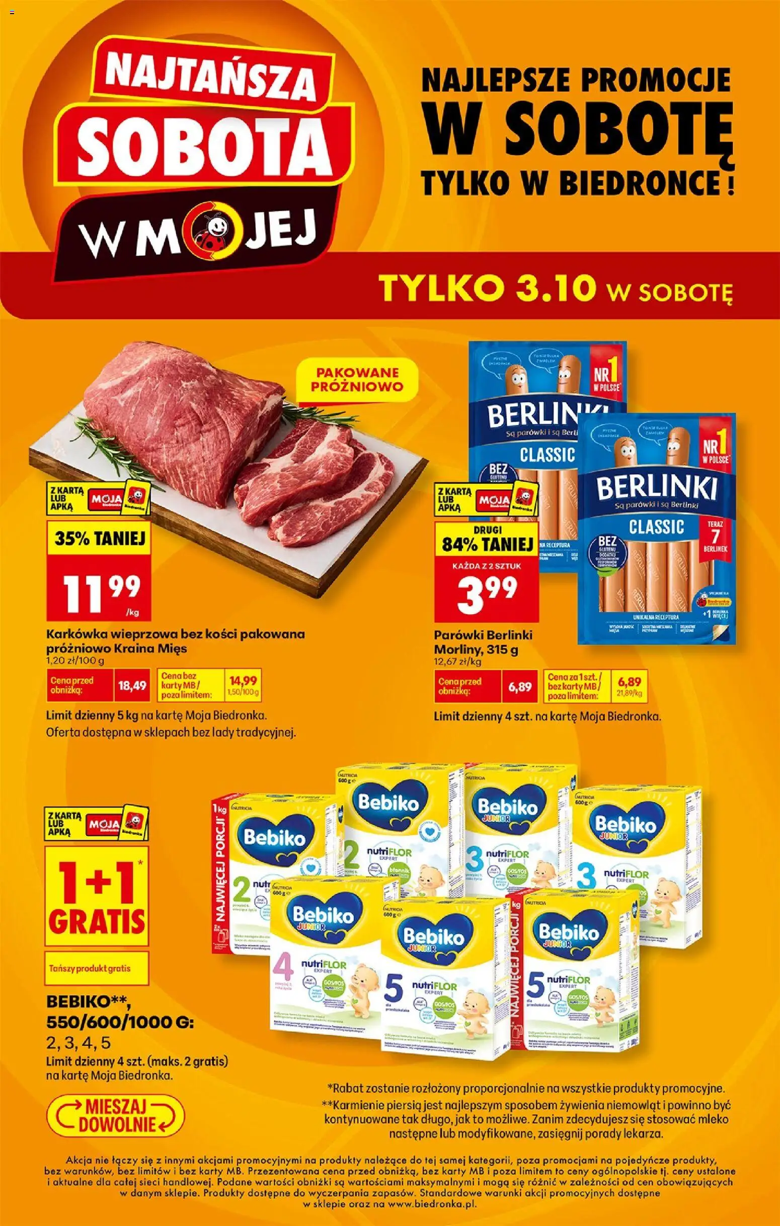 Biedronka gazetka - Najtańsza sobota od 03.10.2026 | Strona: 1 | Produkty: Karta, Kraina mięs, Berlinki, Bebiko