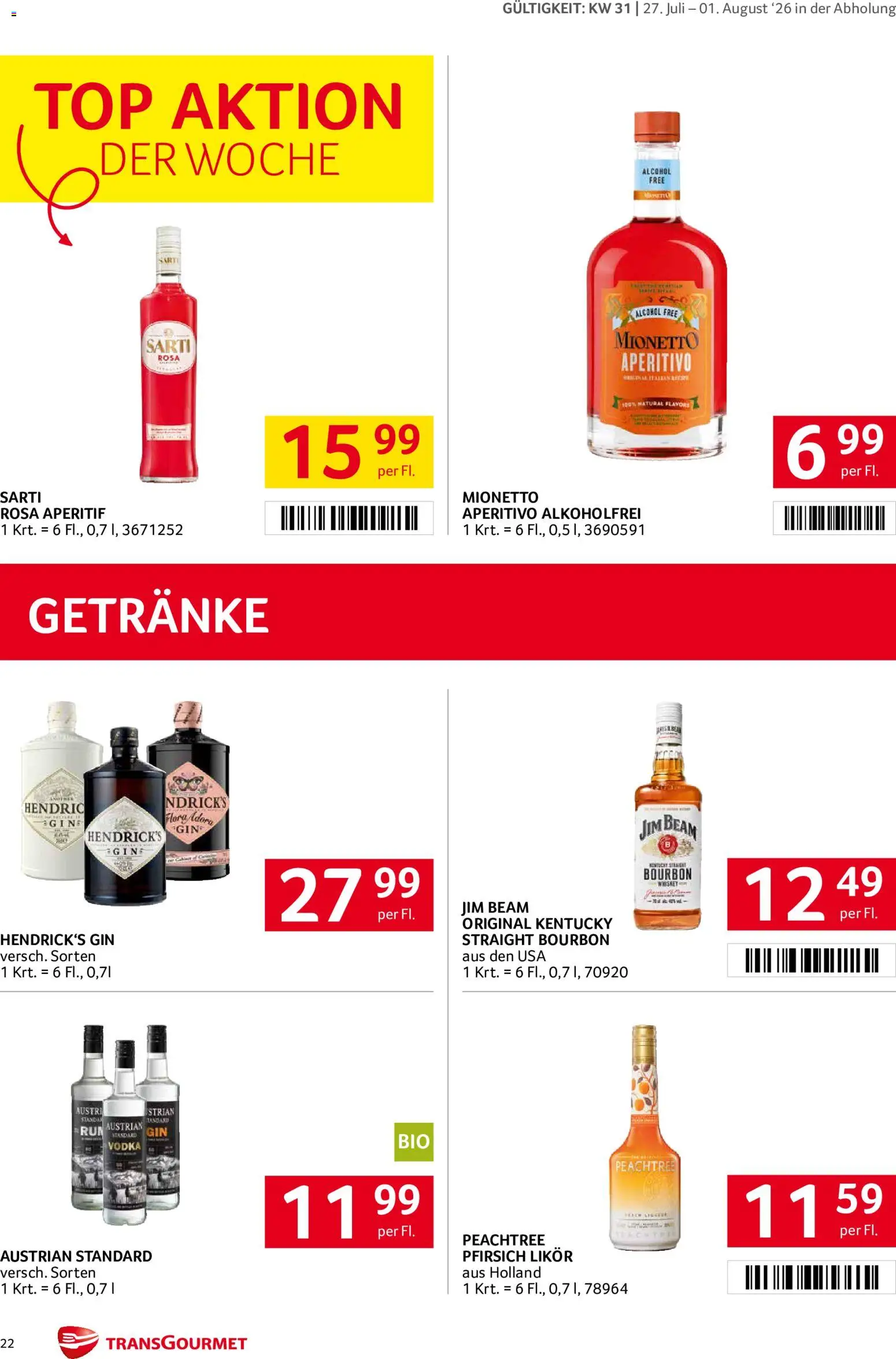 Transgourmet Flugblatt gültig ab 27.07.2026 | Seite: 22 | Produkte: Gin, Whiskey, Pfirsich, Bourbon