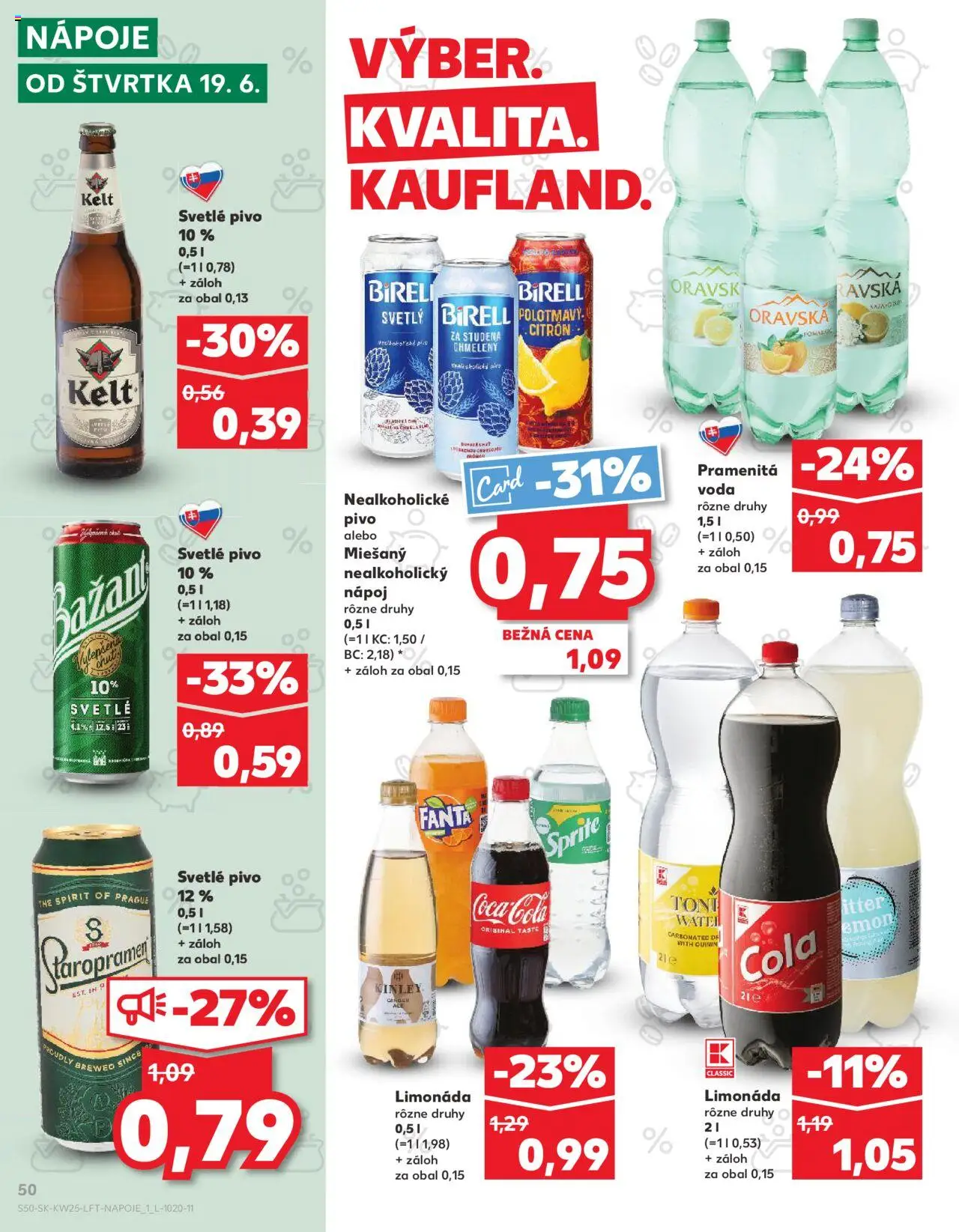 Nové Kaufland akcie – leták je platný od 19.06.2025 | Strana: 50 | Produkty: Kelt, Sprite, Fanta, Cola