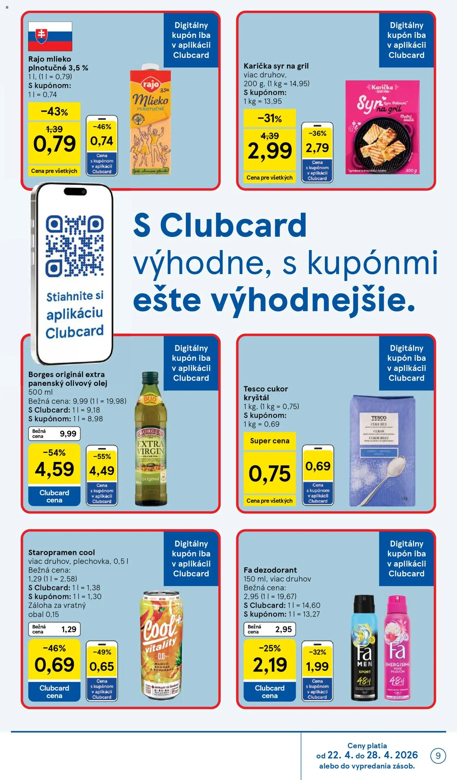 Nové Tesco akcie – leták je platný od 22.04.2026 | Strana: 9 | Produkty: Gril, Syr, Dezodorant, Mango