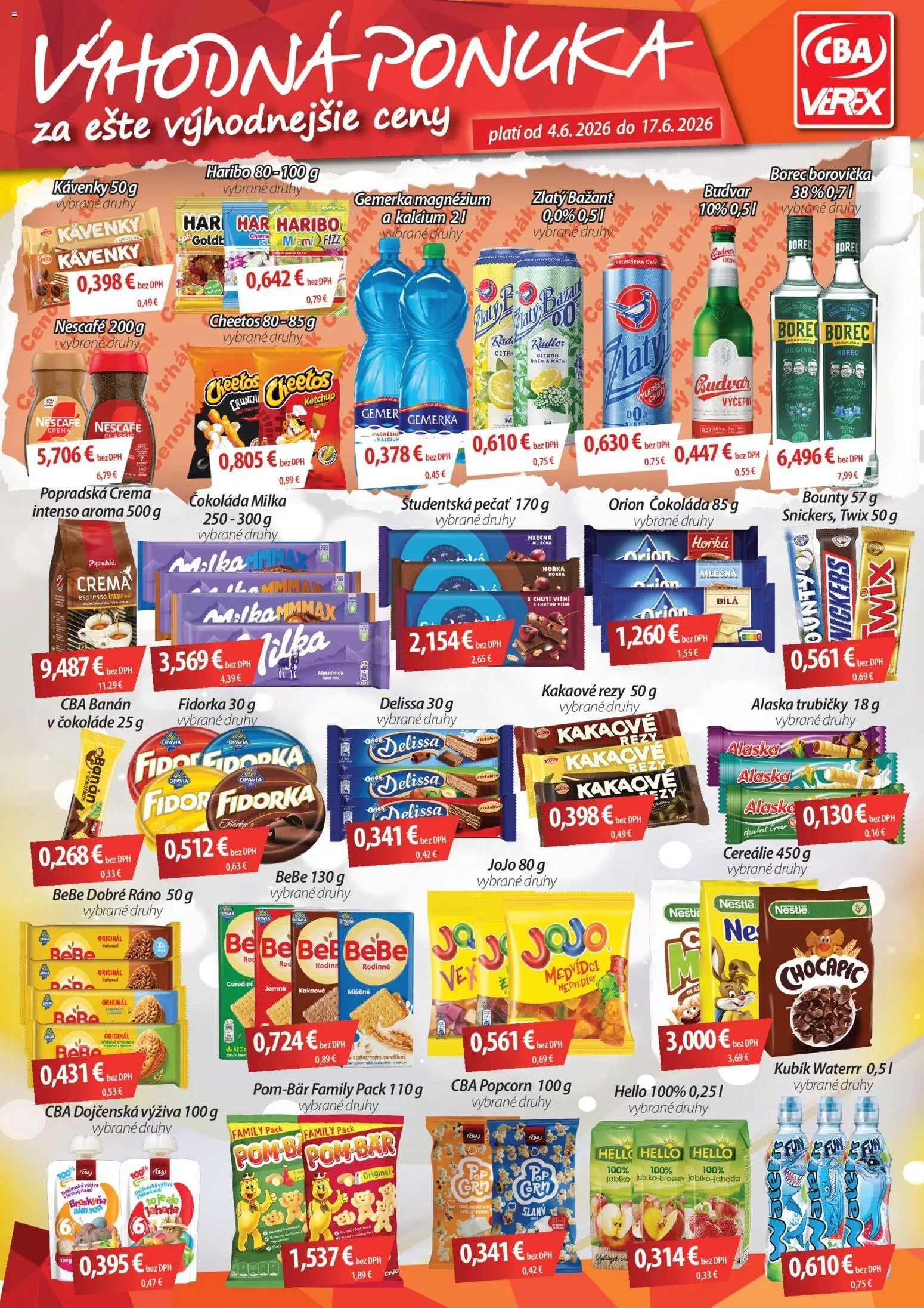 Nové CBA Verex akcie – leták je platný od 04.06.2026 | Strana: 1 | Produkty: BeBe Dobré ráno, Borovička, Milka, Beba