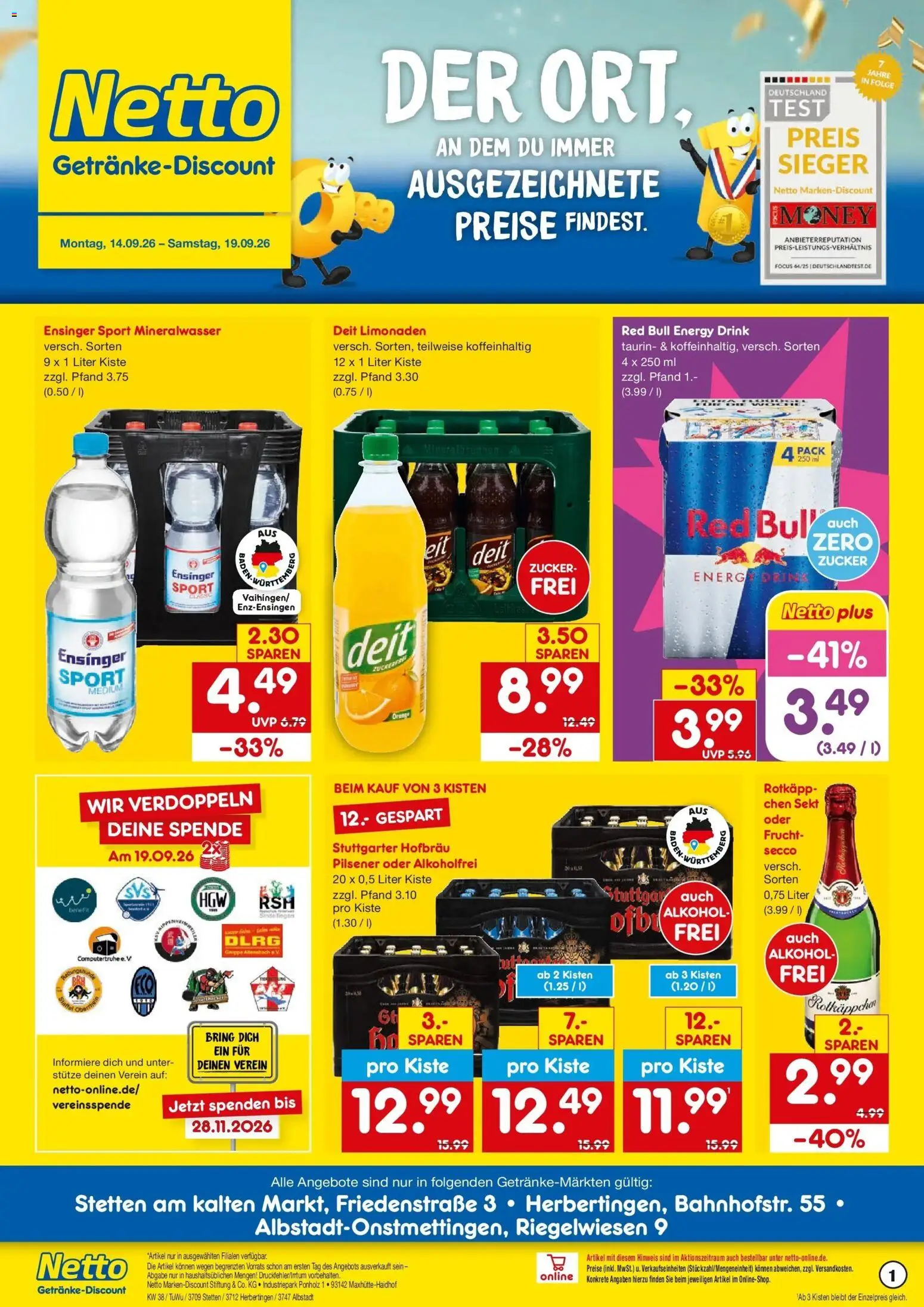 Netto Marken-Discount Prospekt Stetten Am Kalten Markt – gültig ab 14.09.2026 | Seite: 1 | Produkte: Energy, Sekt, Alkohol, Zucker