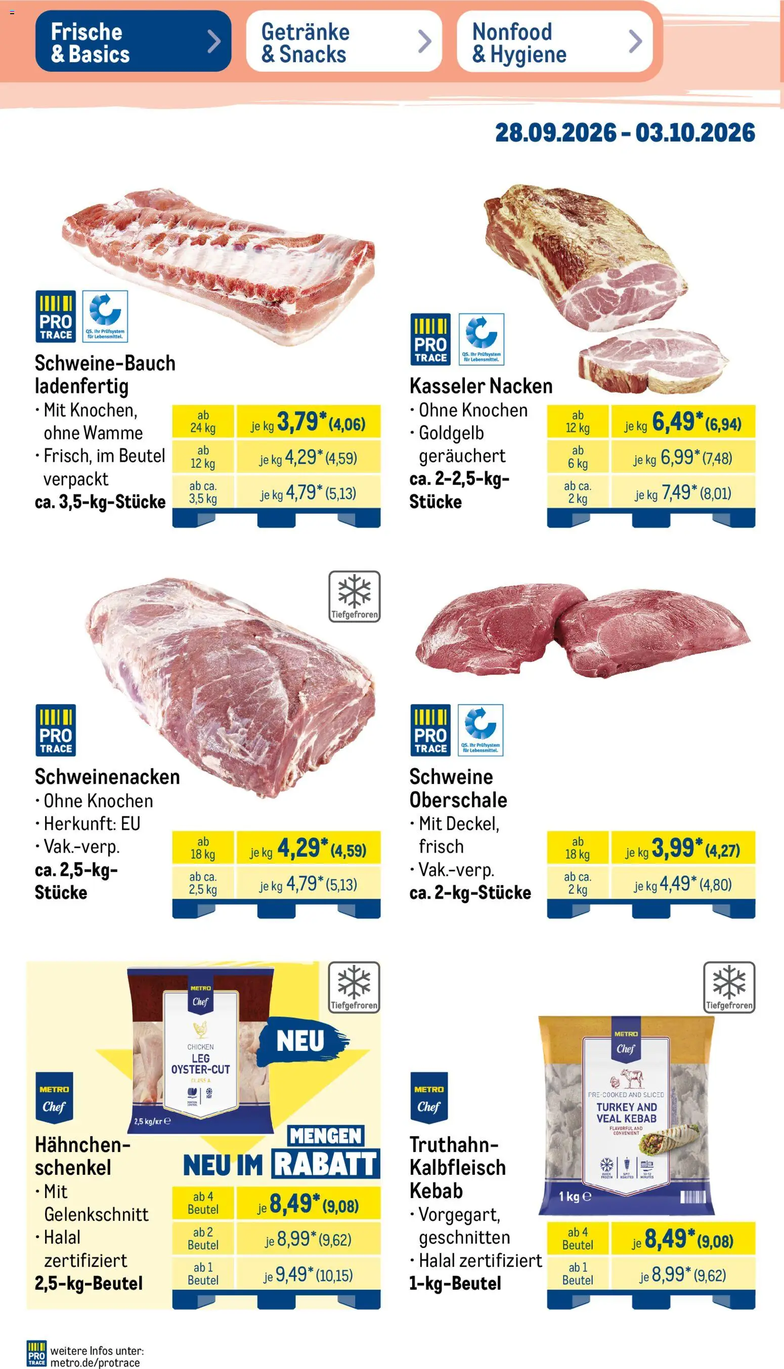 Metro Prospekt – gültig ab 28.09.2026 | Seite: 4 | Produkte: Hahnchen, Schweinebauch, Schweinenacken, Kasseler nacken