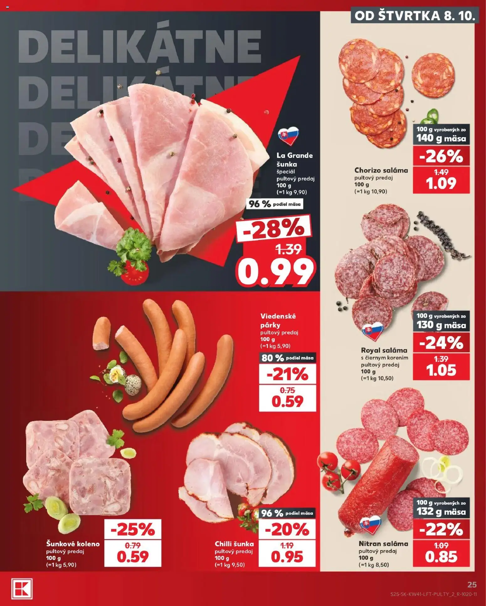 Nové Kaufland akcie – leták je platný od 08.10.2026 | Strana: 25 | Produkty: Šunka, Koleno, Chilli, Párky