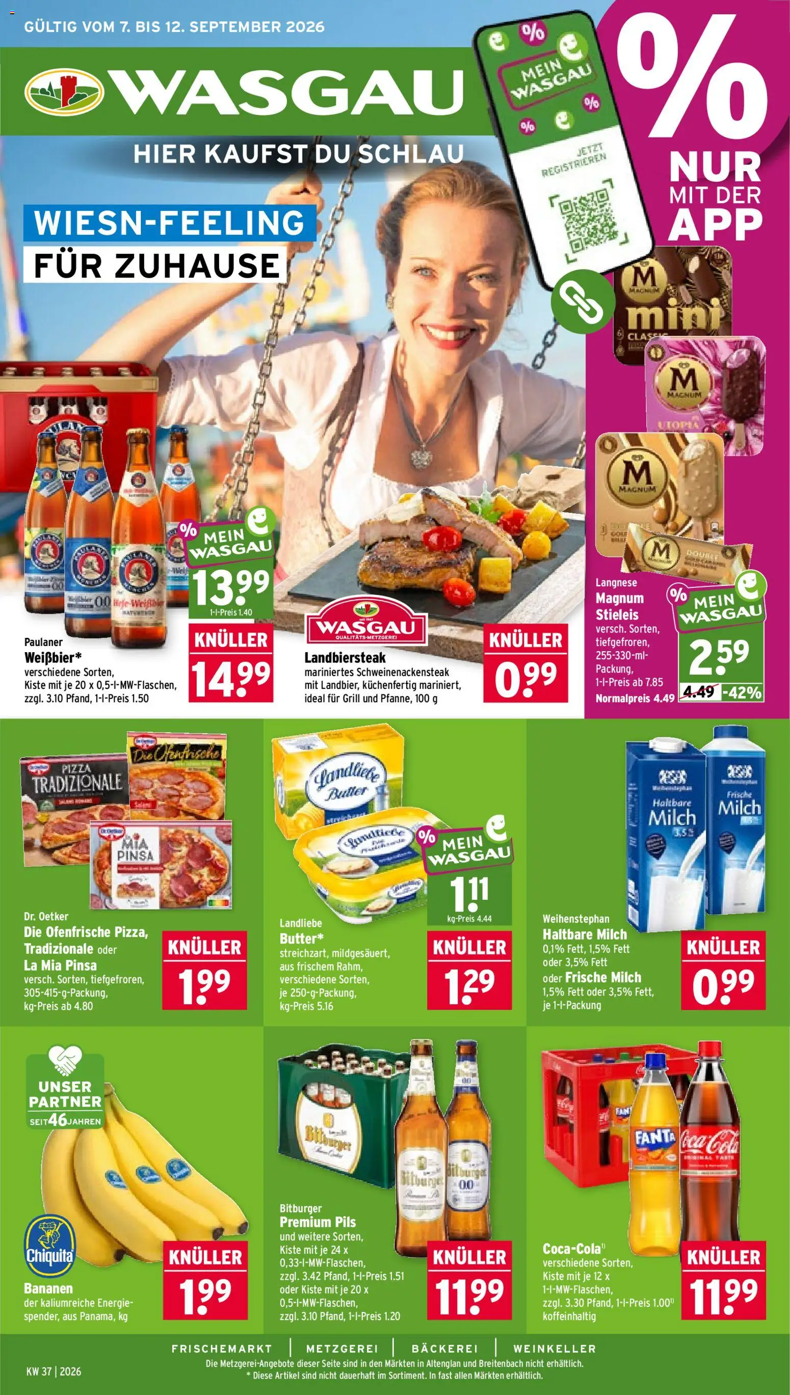Wasgau Prospekt – gültig ab 07.09.2026 | Seite: 1 | Produkte: Bitburger, Cola, Bananen, Paulaner