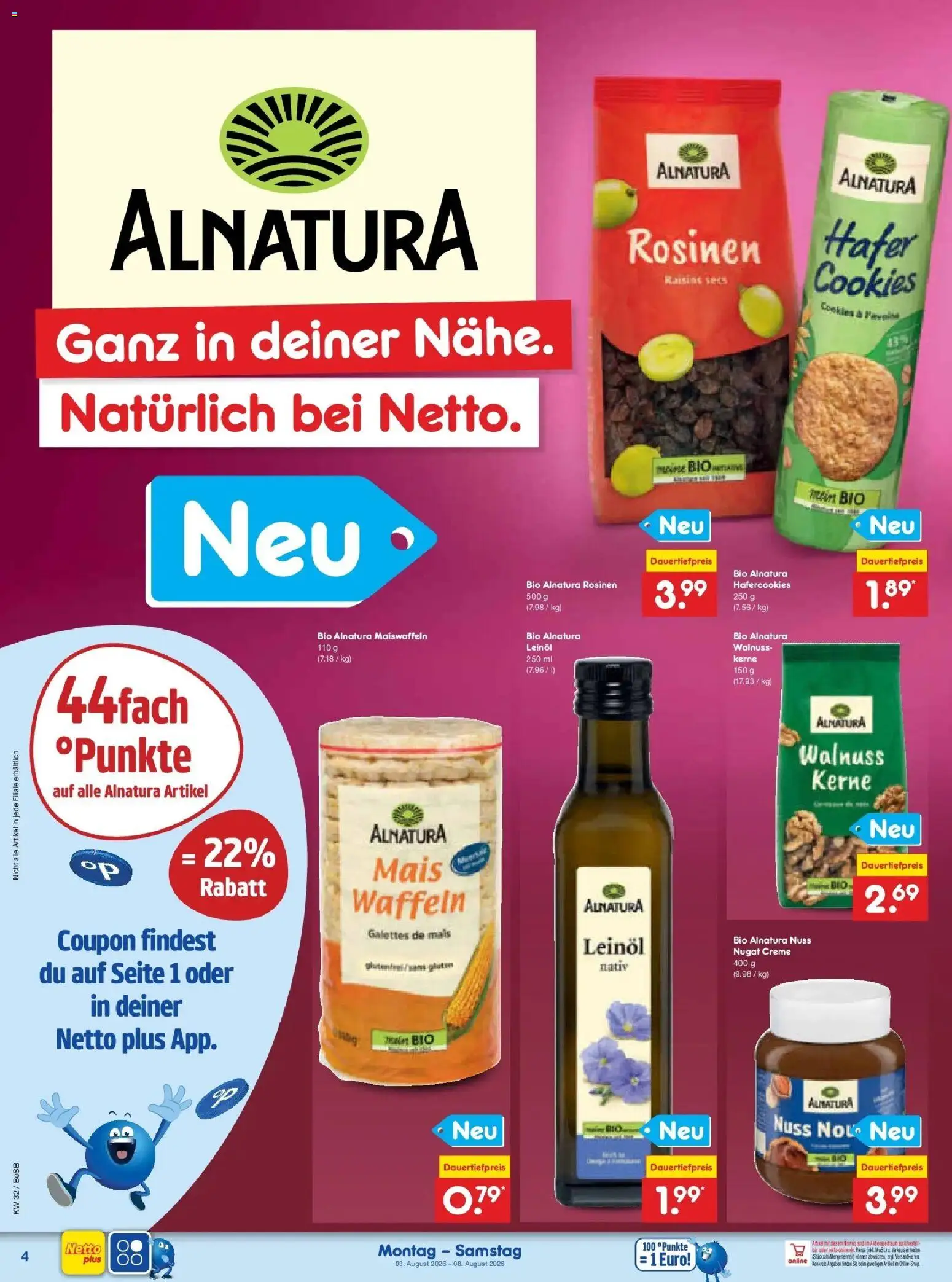Netto Marken-Discount Prospekt Berlin-Prenzlauer Berg – gültig ab 03.08.2026 | Seite: 8 | Produkte: Mais, Leinöl, Waffeln, Rosinen