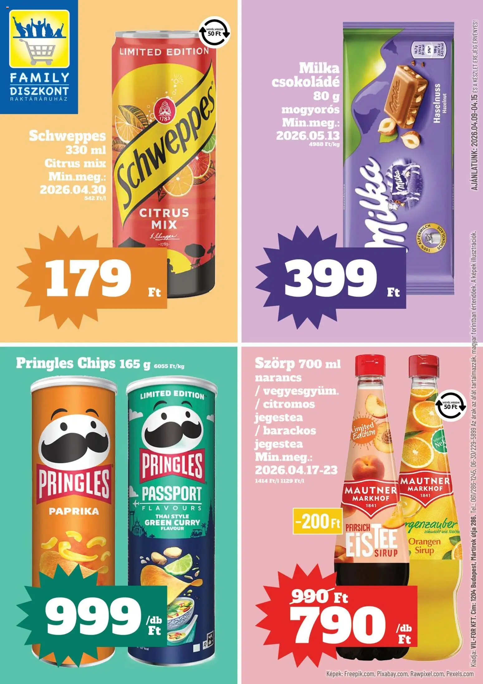 Family Diszkont akciós ujság - amely érvényes a következő dátumtól: 09.04.2026 | Oldal: 1 | Termékek: Chips, Pringles, Csokoládé, Narancs