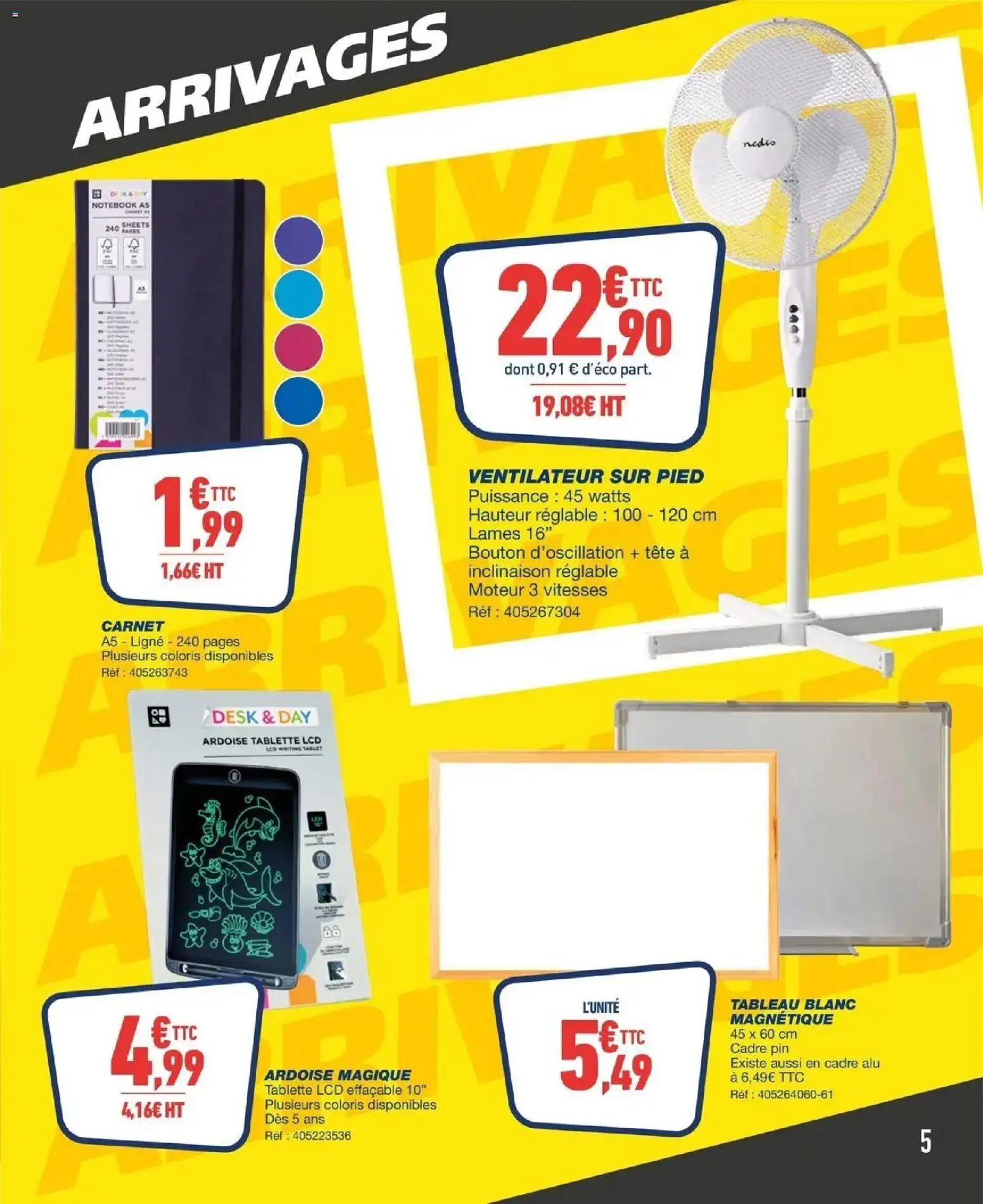 {H1} | Page: 5 | Produits: Ventilateur sur pied, Tableau blanc, Notebook, Cadre