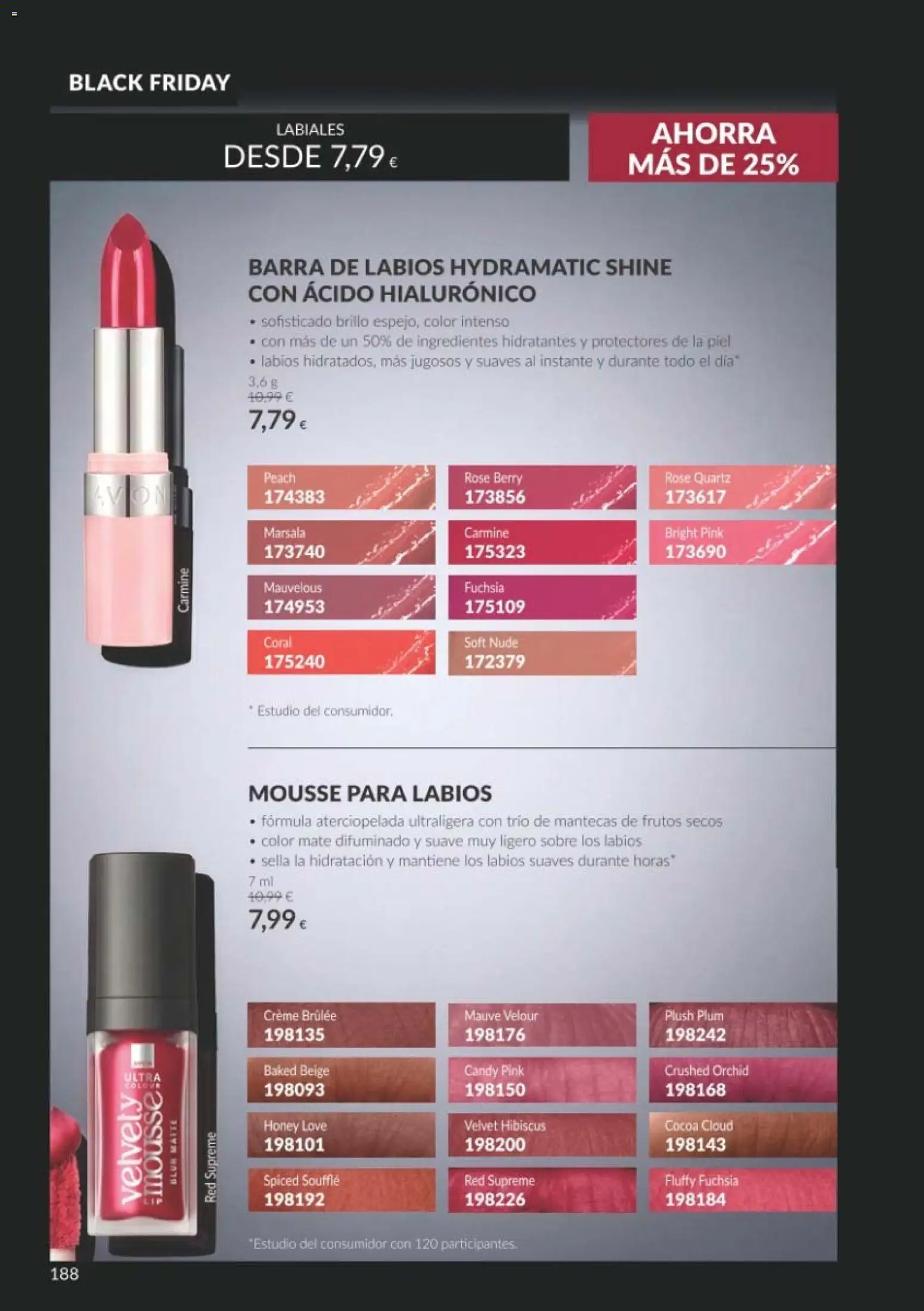 Catálogo AVON Black Friday │ válido desde el 01/11/2026 | Página: 188 | Productos: Mousse, Ingredientes, Frutos secos, Barra de labios