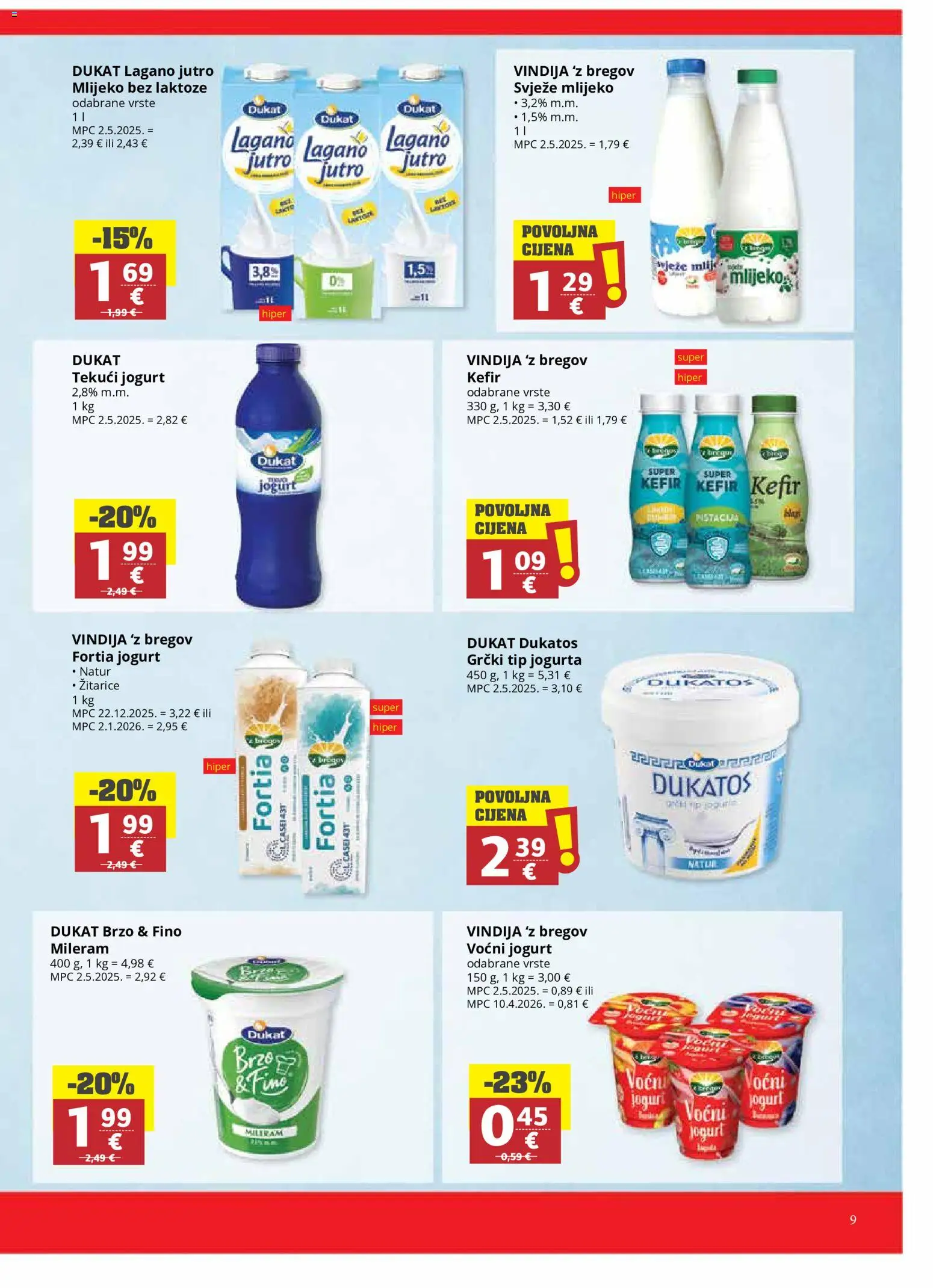 Ribola katalog | vrijedi od 27.05.2026 | Stranica: 9 | Proizvodi: Vindija, Žitarice, Mlijeko bez laktoze, Mileram