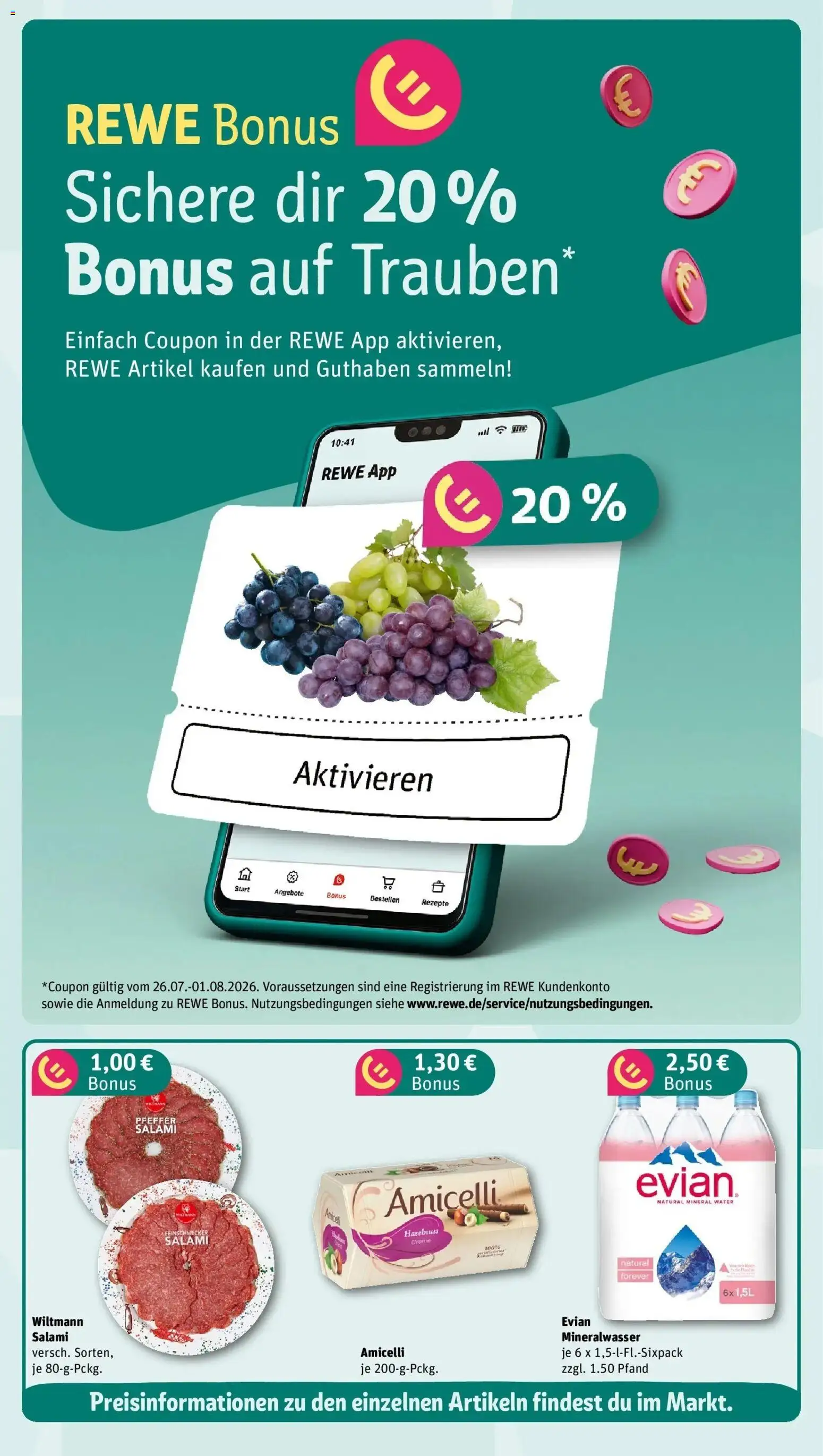 Rewe Prospekt München – gültig ab 27.07.2026 | Seite: 3 | Produkte: Trauben, Mineralwasser, Creme, Salami