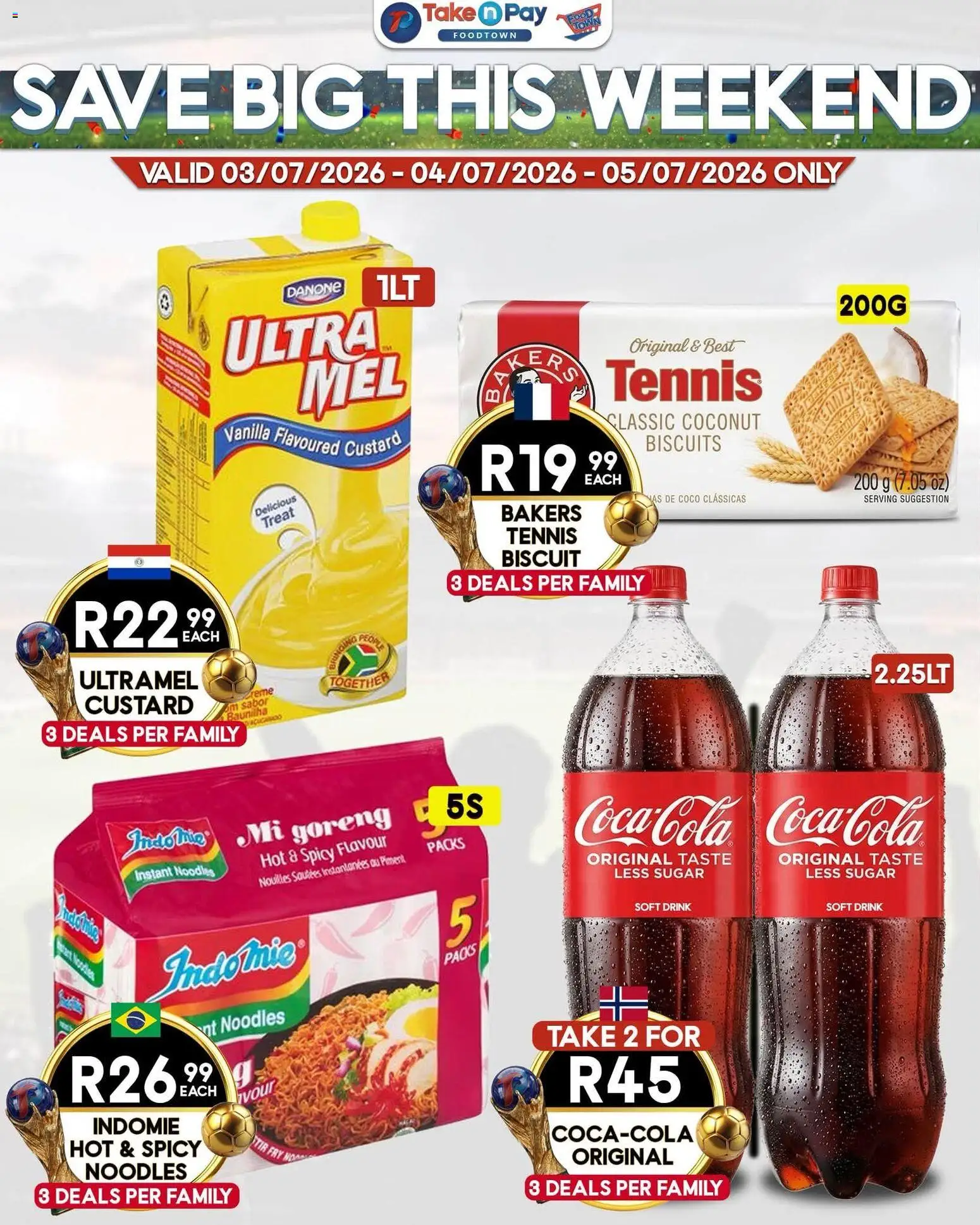 New Take n Pay catalogue – valid from 03/07/2026 | Page: 5 | Products: Custard, Biscuits, Noodles, Sugar