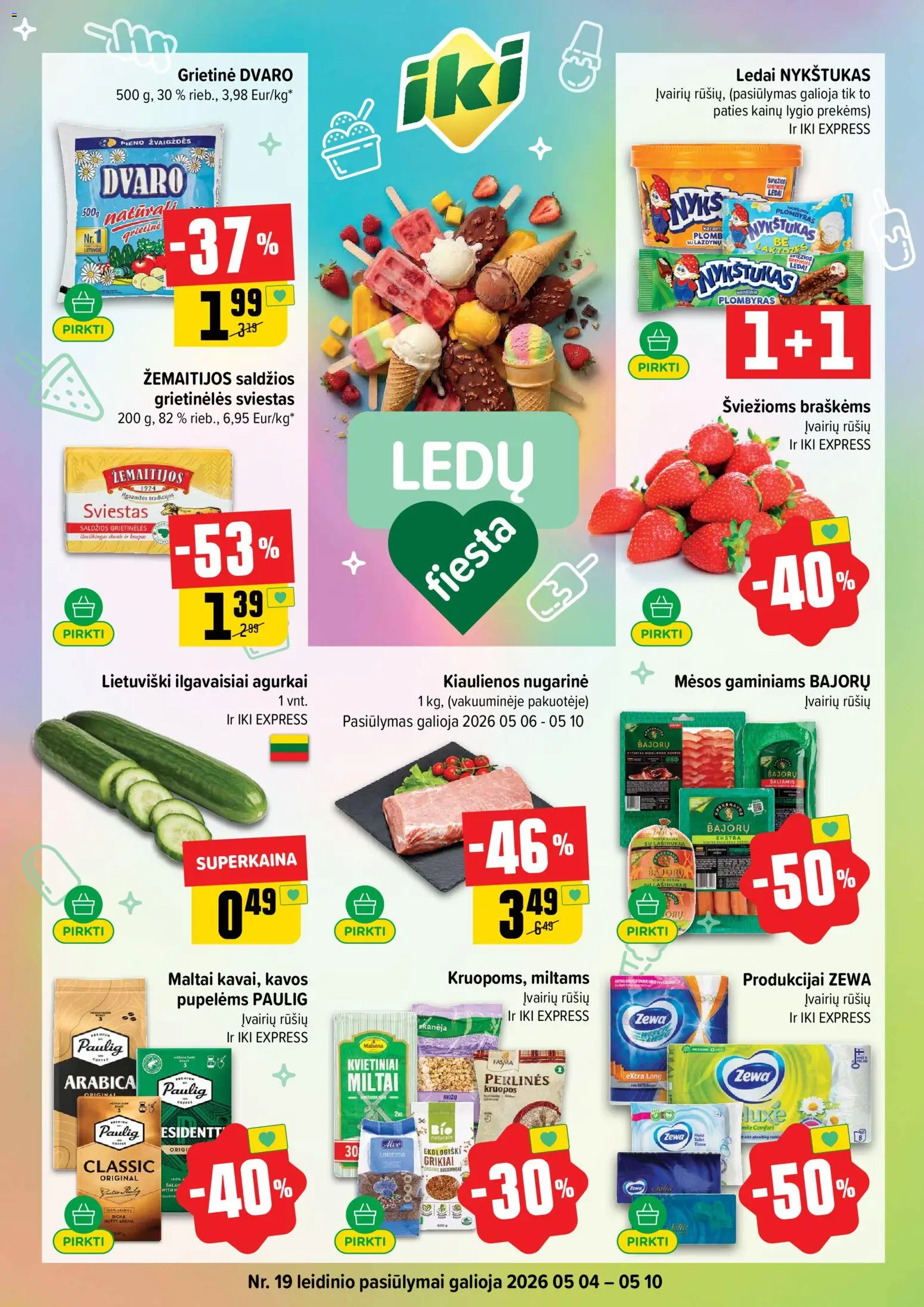 IKI akcijos nuo 04.05.2026 | Puslapis: 1 | Prekių: Ledai, Saliamis, Plombyras, Miltai