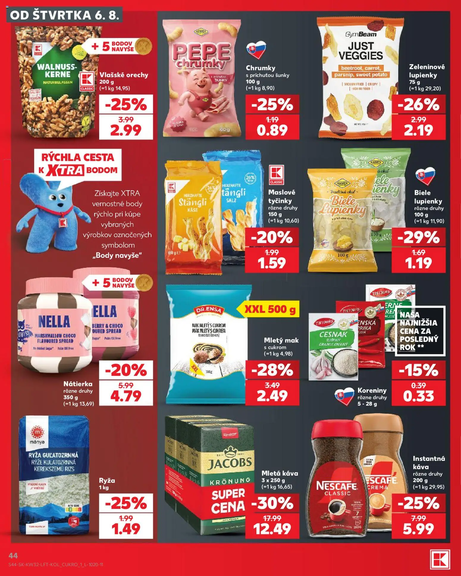 Nové Kaufland akcie – leták je platný od 06.08.2026 | Strana: 44 | Produkty: Káva, Ryža, Cesnak, Vlašské orechy
