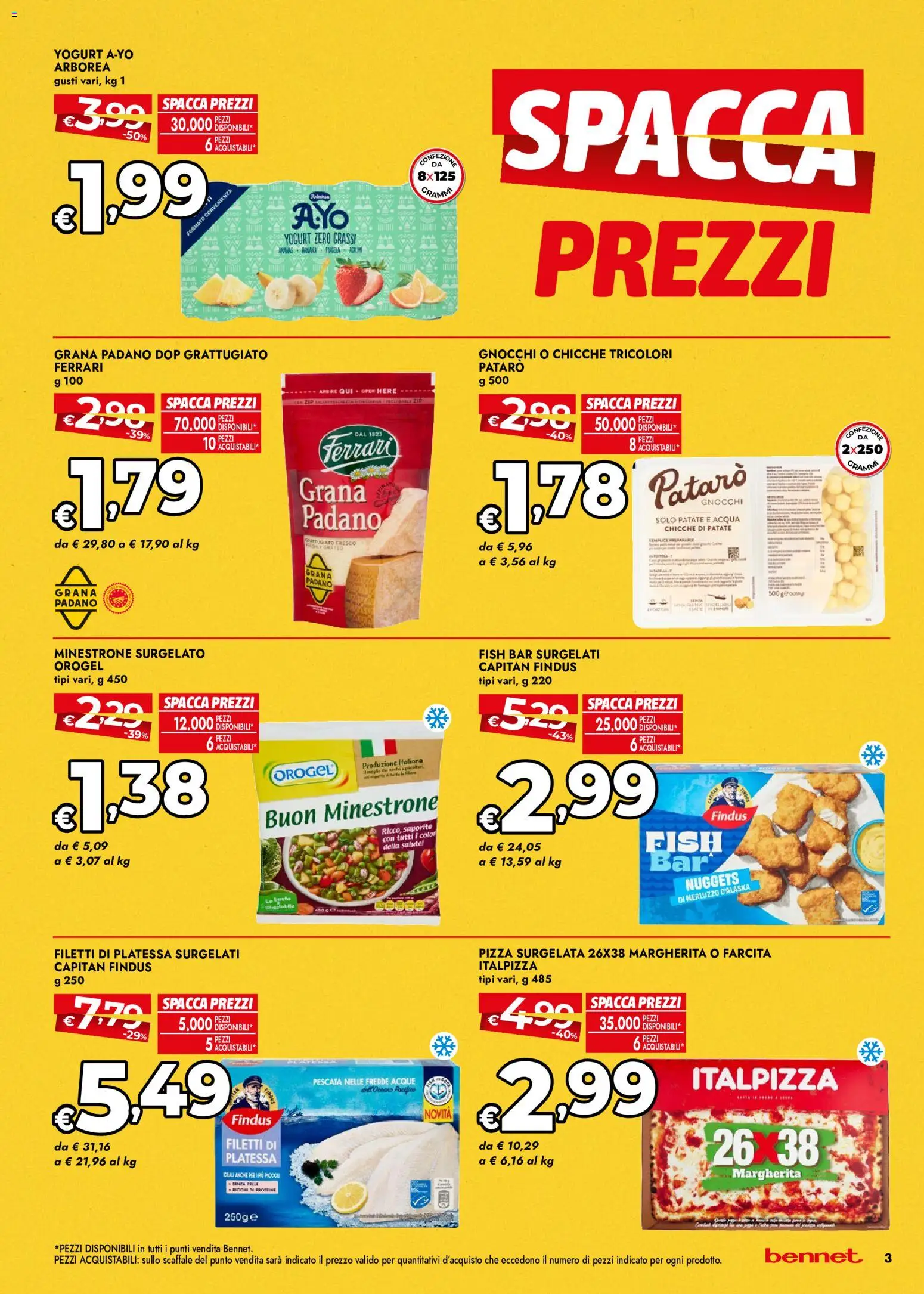 Volantino bennet del 22/10/2026 | Pagina: 3 | Prodotti: Pizza surgelata, Pizza, Acqua, Grana Padano