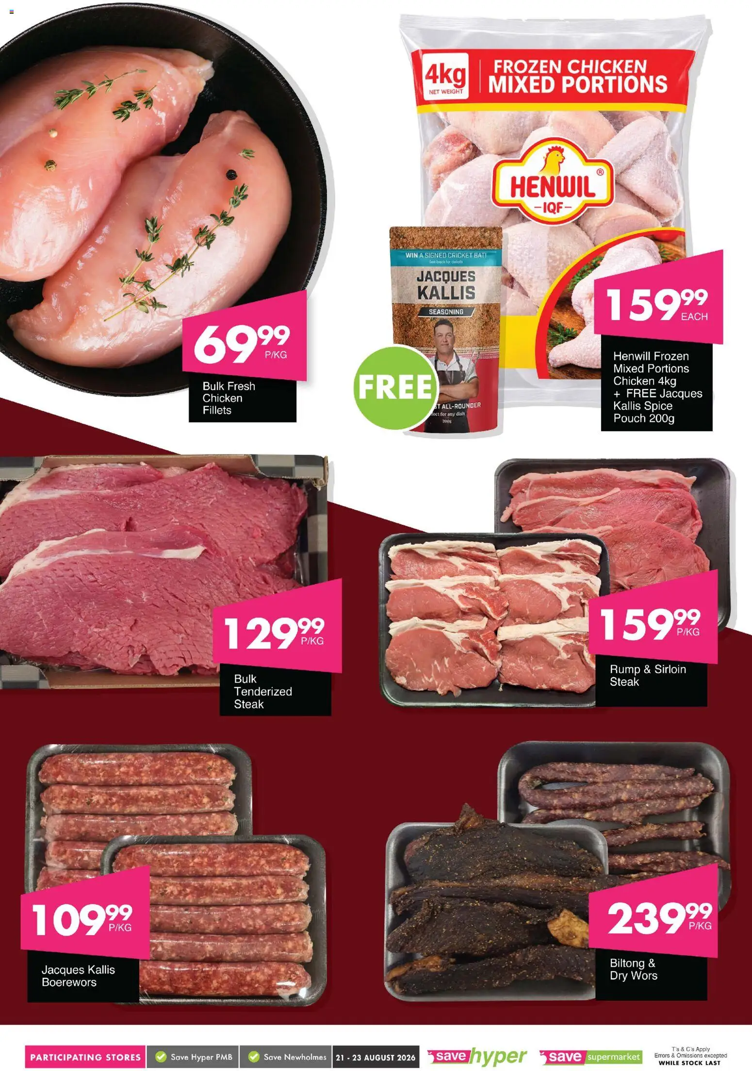 New Save catalogue – valid from 21/08/2026 | Page: 9 | Products: Steak, Boerewors, Frozen chicken, Chicken