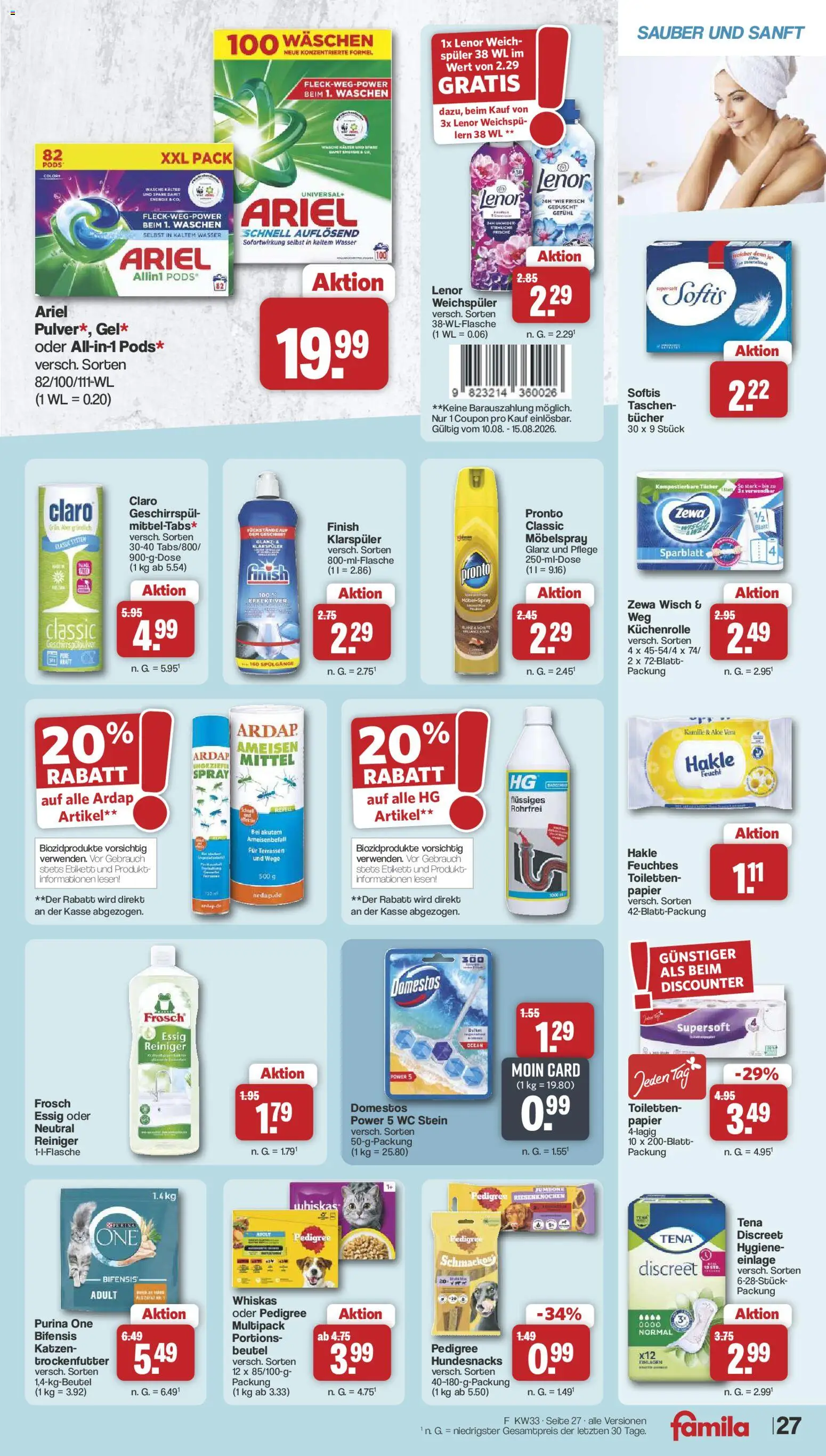 Famila Nordwest Prospekt – gültig ab 10.08.2026 | Seite: 33 | Produkte: Purina one, Finish, Wasser, Küchenrolle