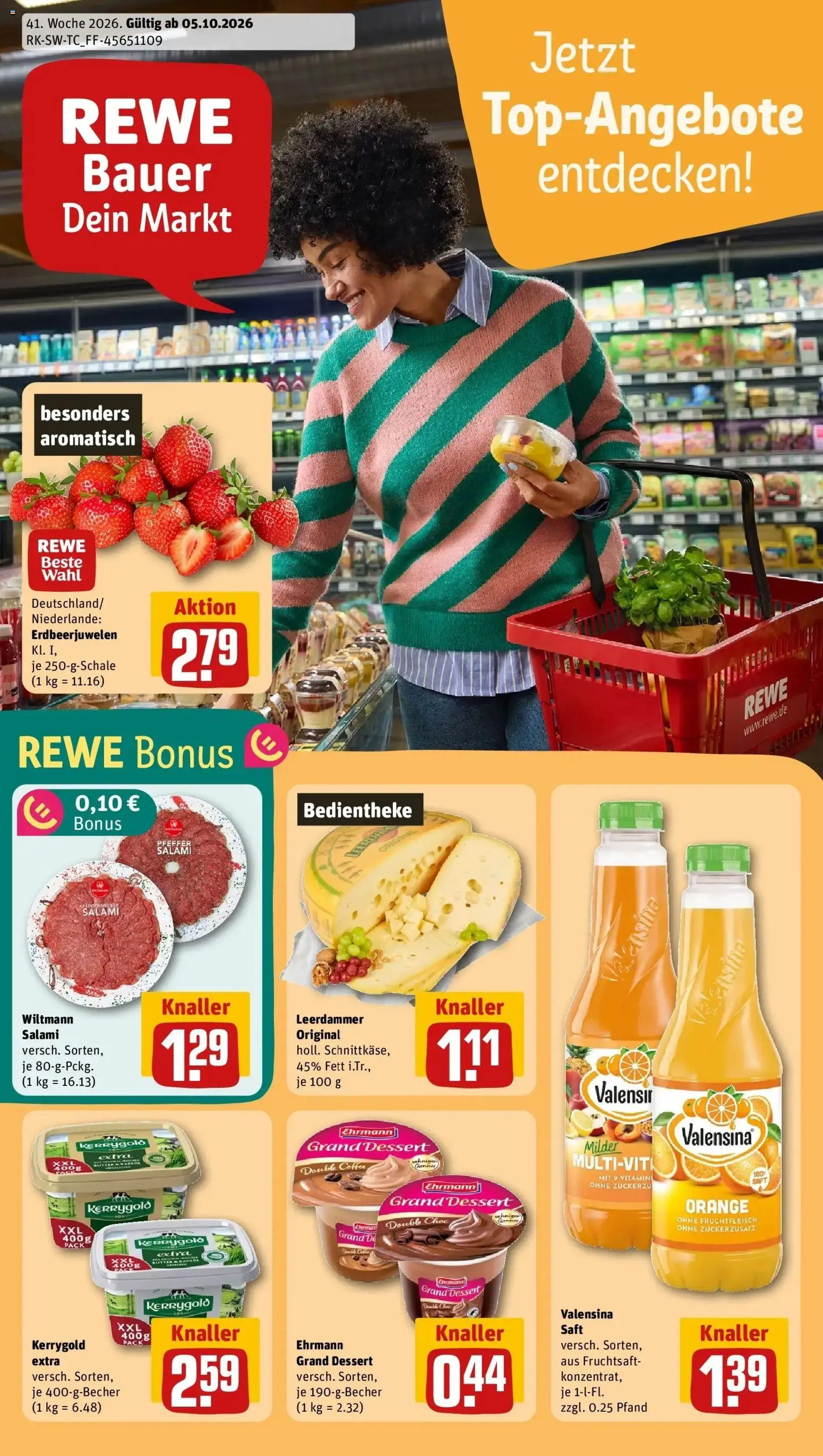 REWE Prospekt ab 05.10.2026 zum Blättern » Angebote | Seite: 1 | Produkte: Zucker, Salami, Saft, Fruchtsaft
