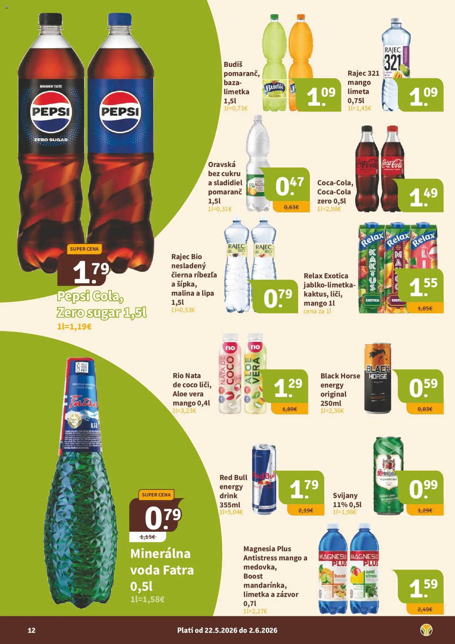 Nové Nitrazdroj akcie – leták je platný od 22.05.2026 | Strana: 12 | Produkty: Rajec, Red Bull, Fatra, Mango