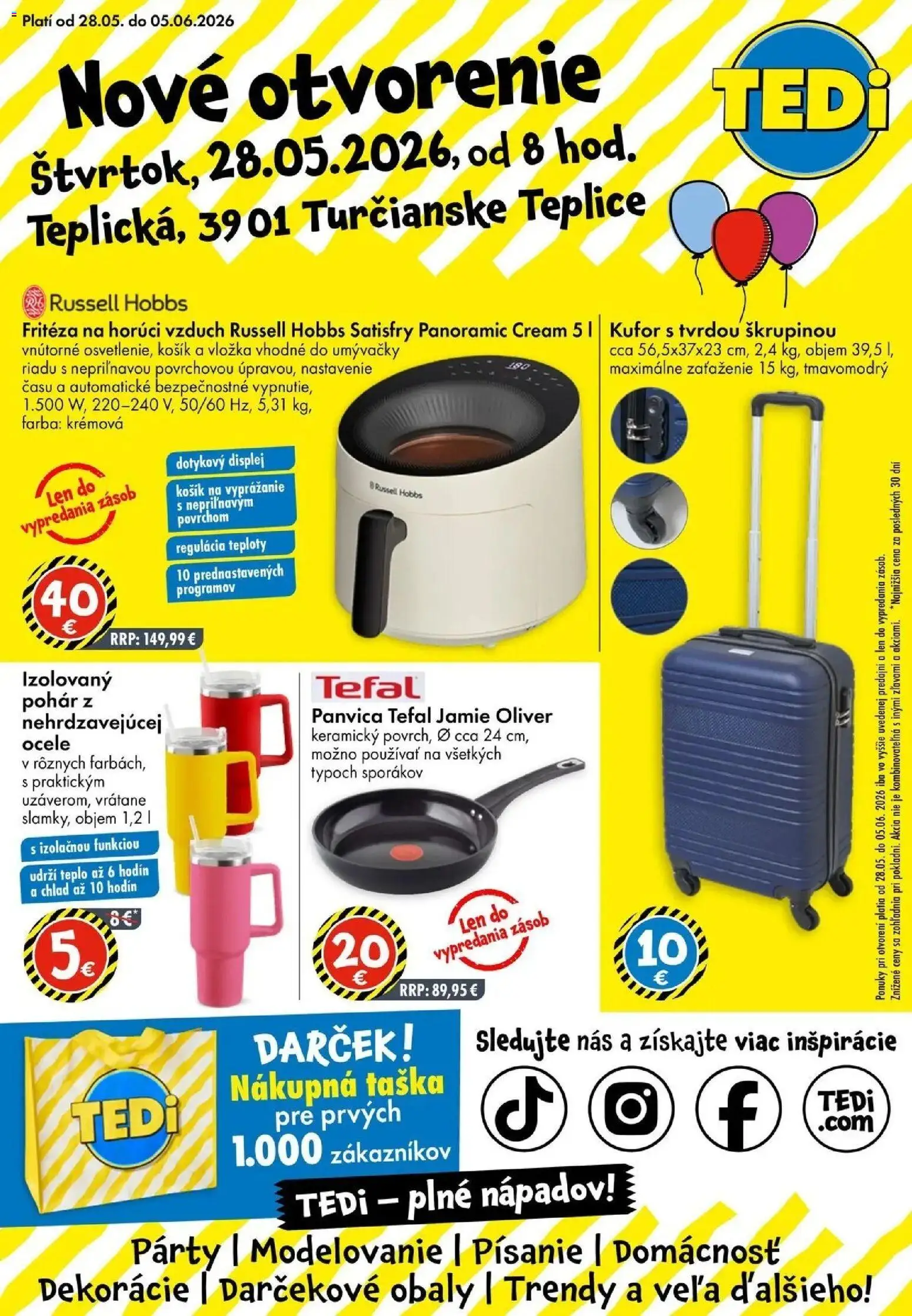 Nové TEDi akcie – leták je platný od 28.05.2026 | Strana: 1 | Produkty: Fritéza, Panvica, Tefal, Kufor