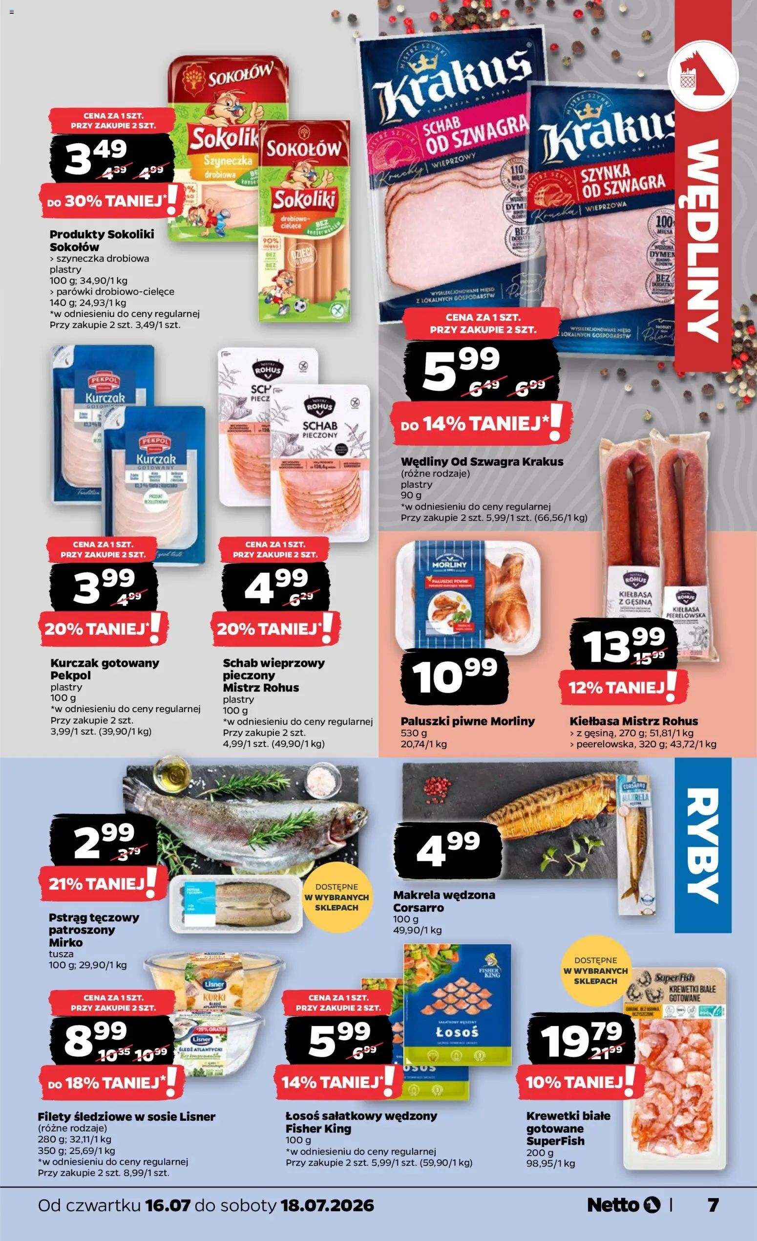 Netto gazetka od czwartku od 16.07.2026 | Strona: 7 | Produkty: Pstrąg tęczowy, Schab wieprzowy, Makrela wędzona, Ryby