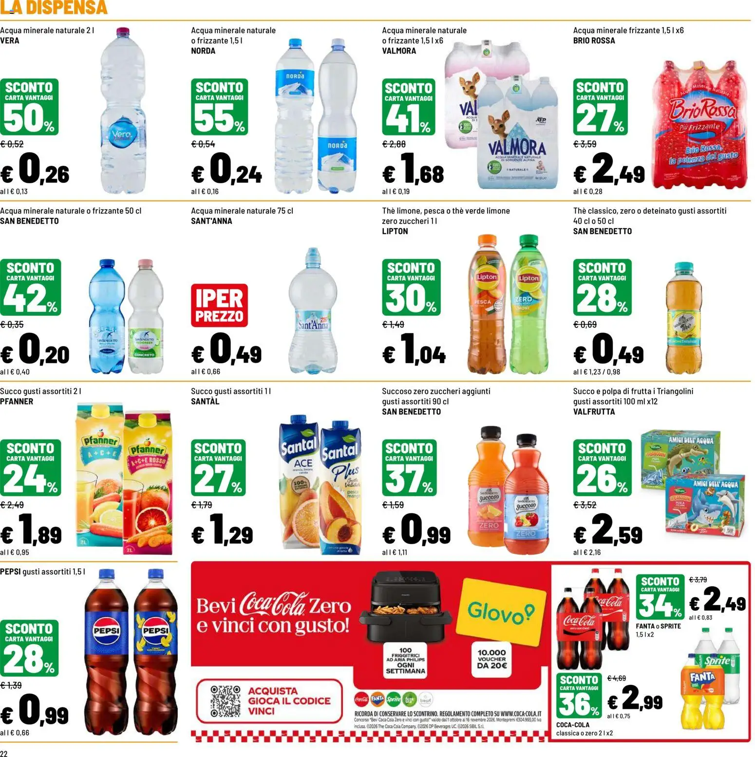 Volantino Iper del 12/10/2026 | Pagina: 22 | Prodotti: Succo, Acqua minerale, Coca Cola, Coca Cola Zero