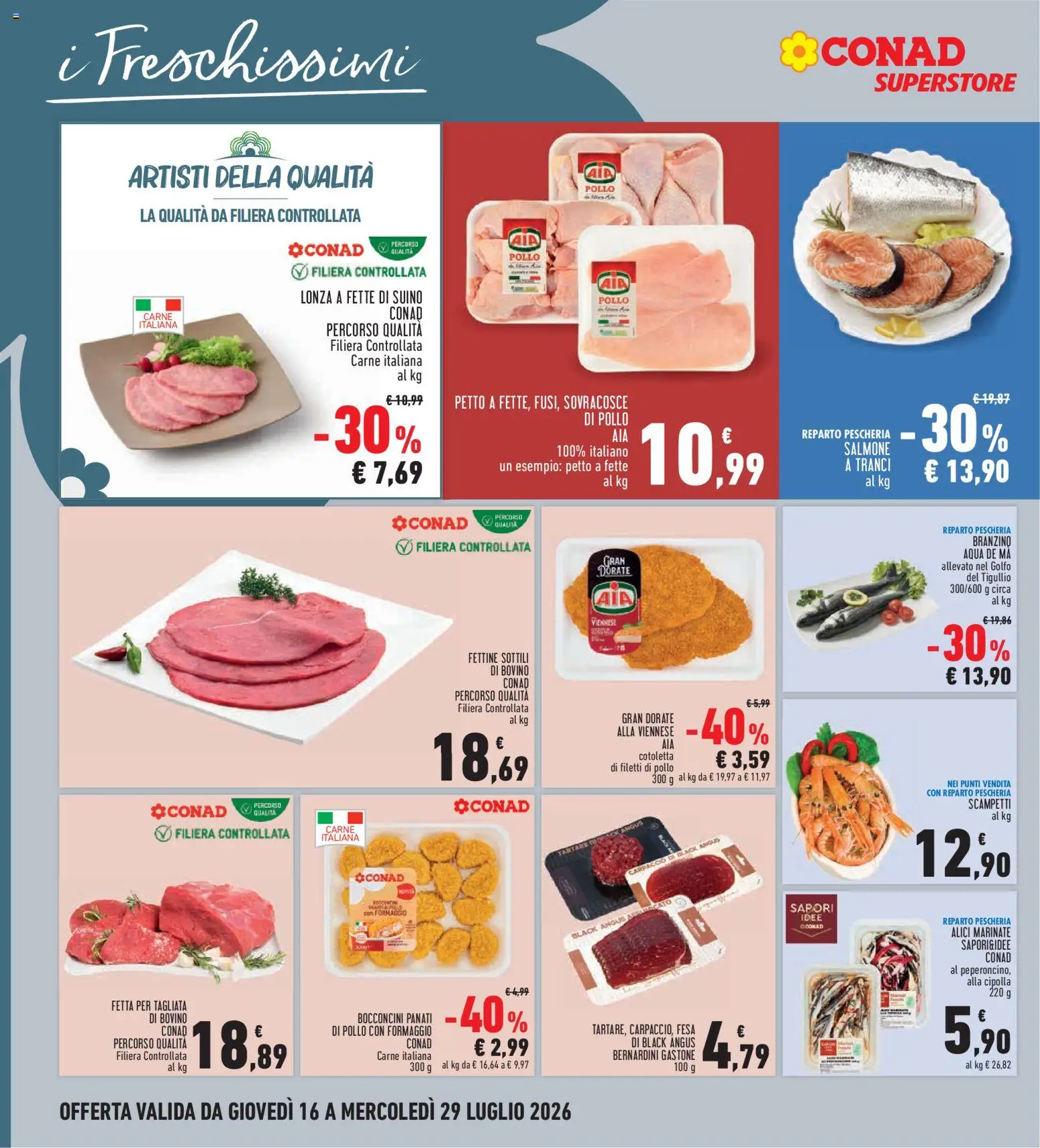 Volantino Conad del 16/07/2026 | Pagina: 14 | Prodotti: Bovino, Pollo, Salmone, Acqua