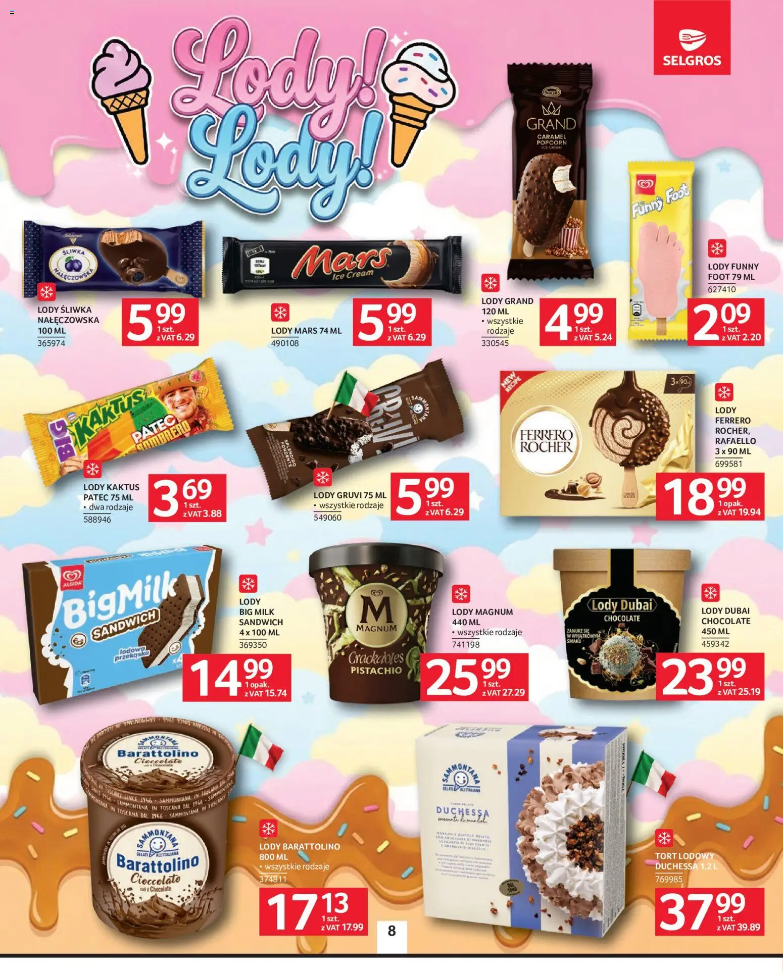 Selgros cash&carry gazetka od 07.05.2026 | Strona: 8 | Produkty: Big Milk, Popcorn, Tort lodowy, Lody