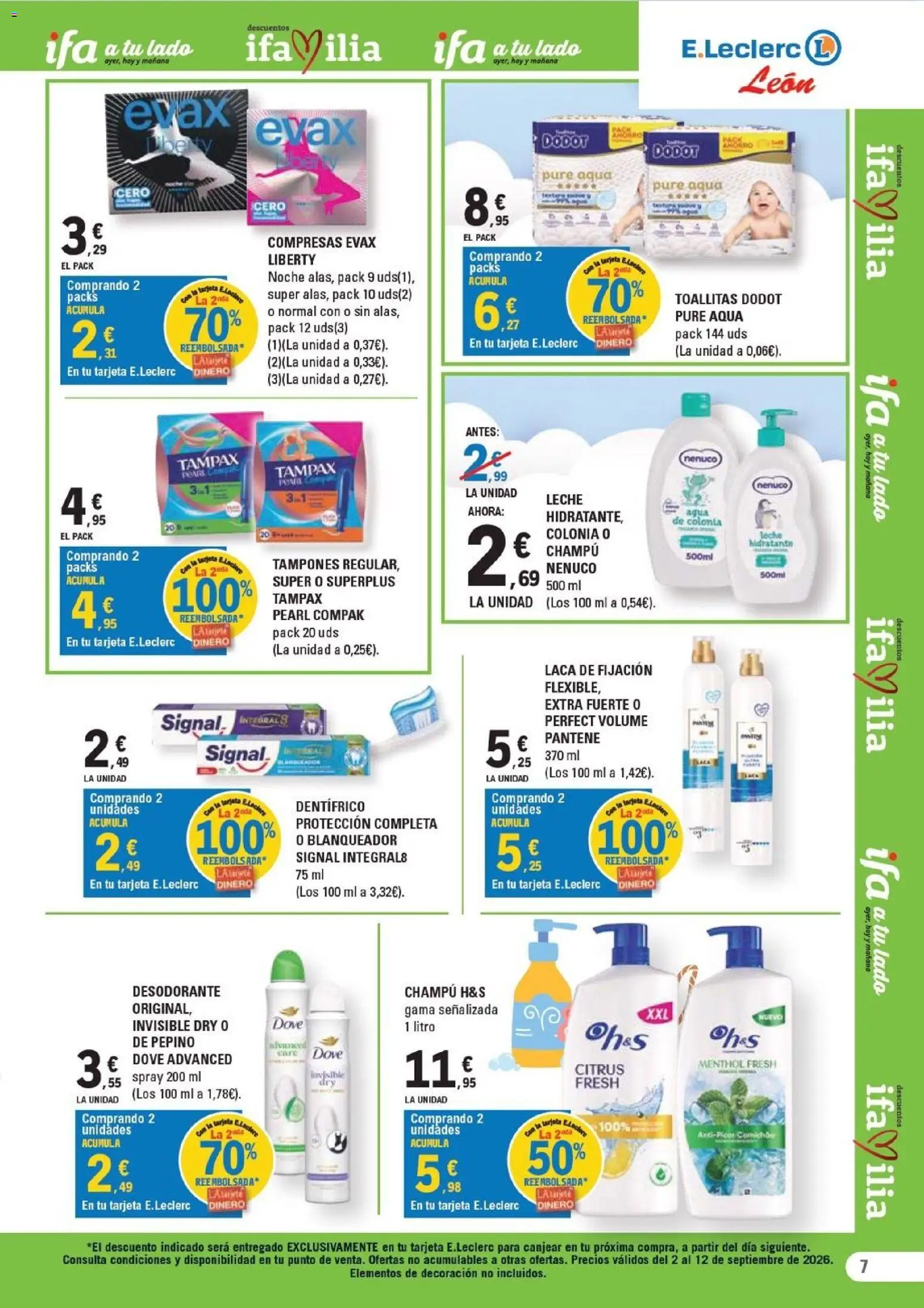 E.Leclerc folleto León │ válido desde el 02/09/2026 | Página: 7 | Productos: Champú, Colonia, Tampones, Compresas