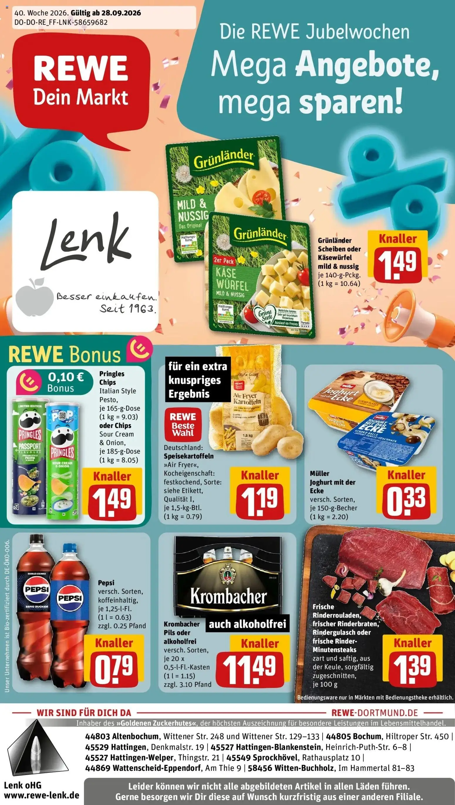 REWE Prospekt ab 28.09.2026 zum Blättern » Angebote | Seite: 1 | Produkte: Pils, Zucker, Krombacher, Pringles