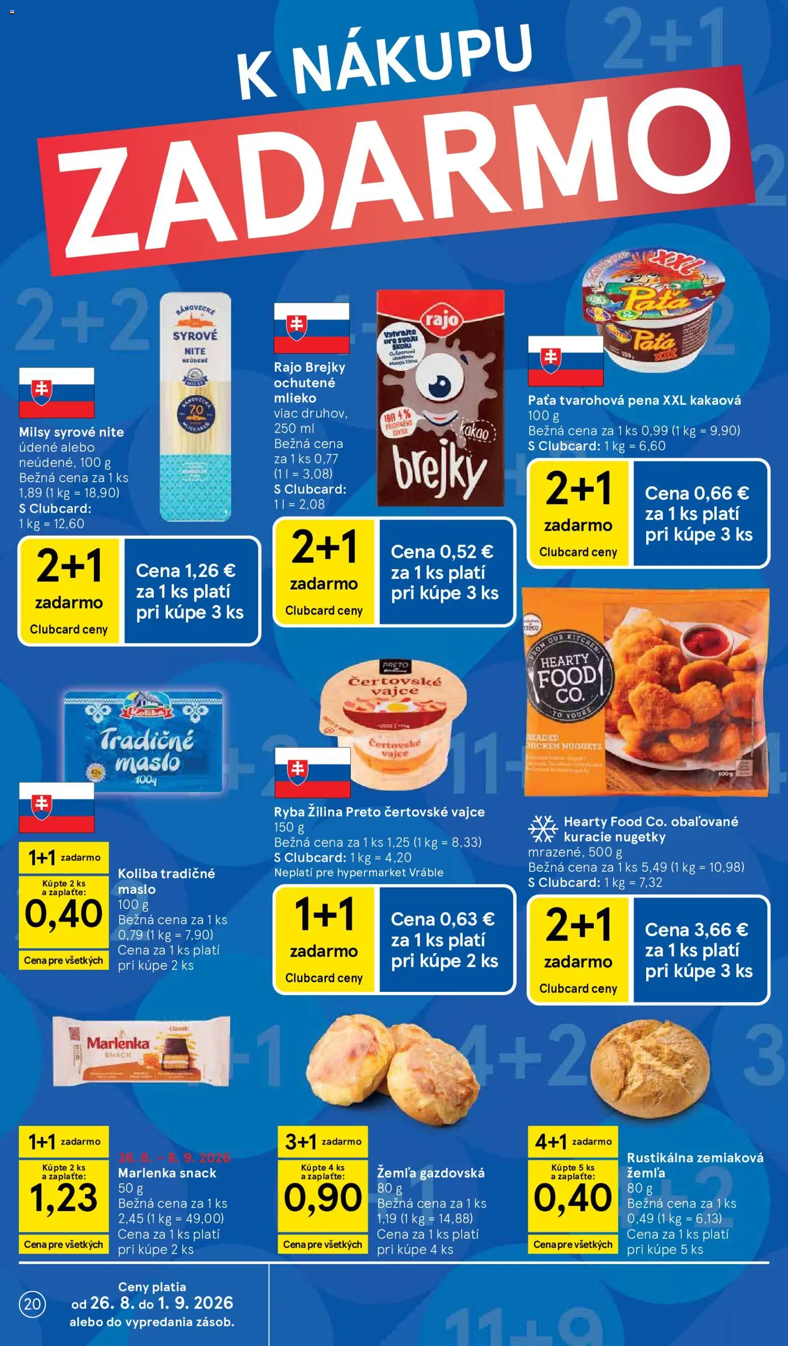 Nové Tesco akcie – leták je platný od 26.08.2026 | Strana: 20 | Produkty: Mlieko, Marlenka, Pena, Kakao