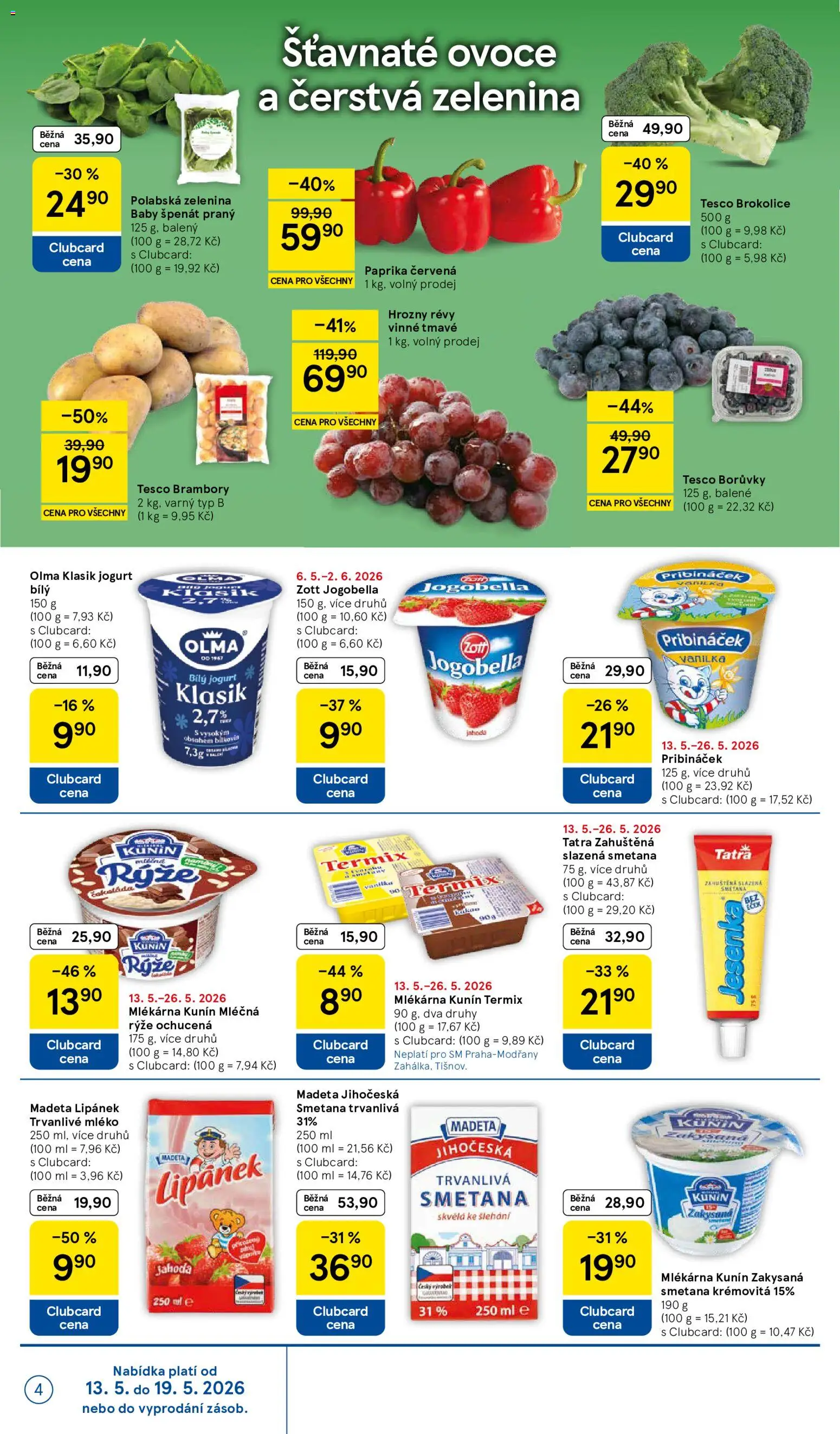 Tesco leták - Supermarket od 13.05.2026 | Strana: 4 | Produkty: Čokoláda, Smetana, Pribináček, Termix