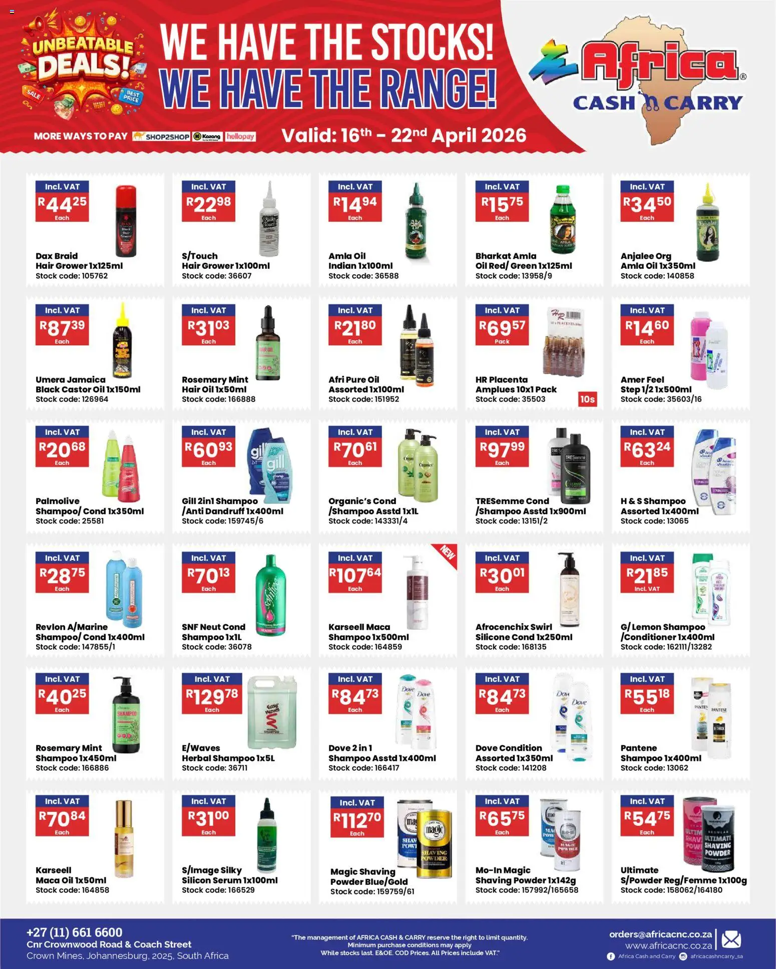 New Africa Cash & Carry catalogue – valid from 16.04.2026 | Page: 2 | Products: Serum, Oil, Hair oil, Stock