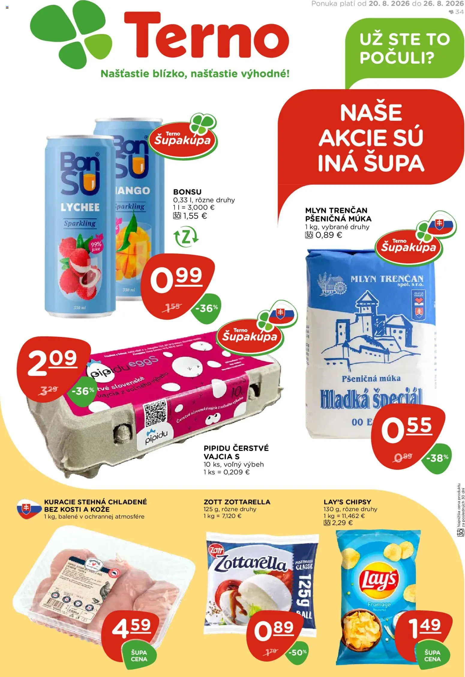Nové Terno akcie – leták je platný od 20.08.2026 | Strana: 1 | Produkty: Mozzarella, Pšeničná múka, Chipsy, Múka