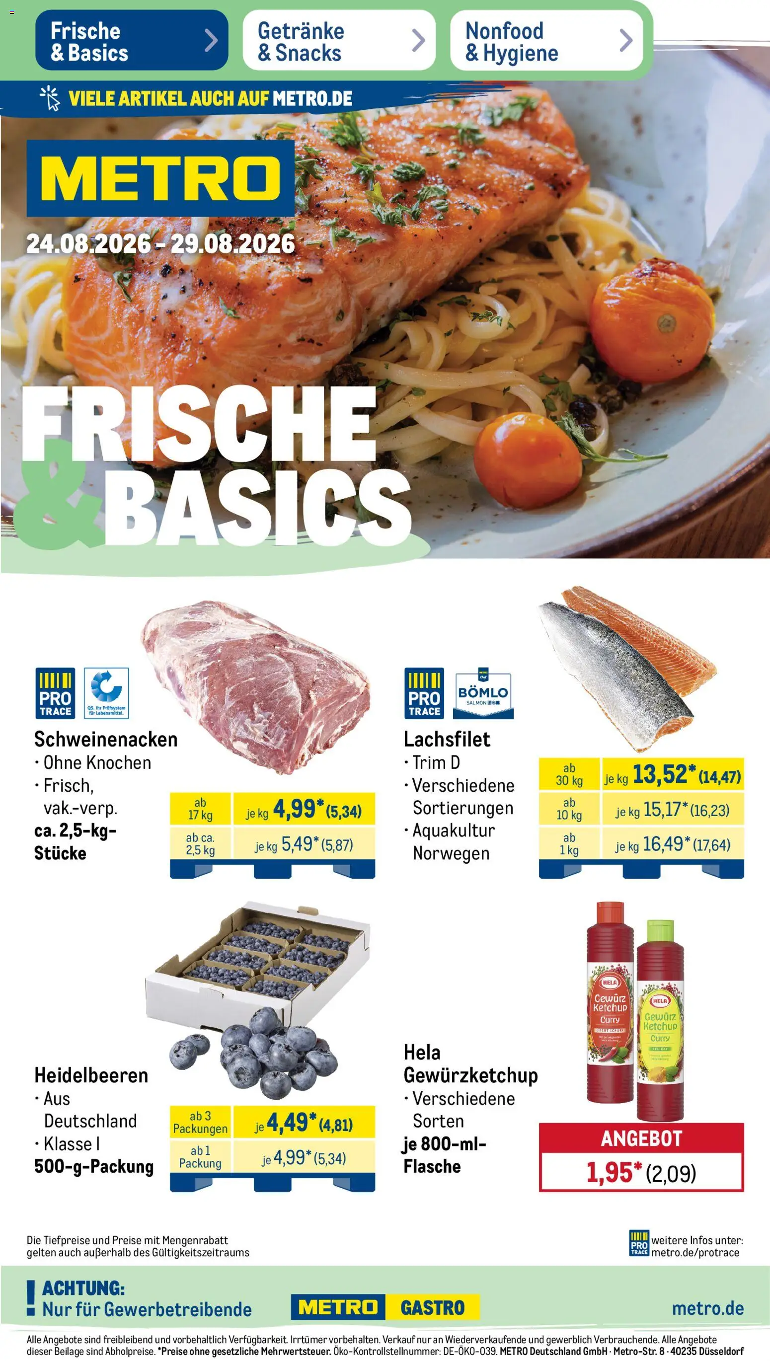 Metro Prospekt – gültig ab 24.08.2026 | Seite: 1 | Produkte: Schweinenacken, Heidelbeeren, Ketchup