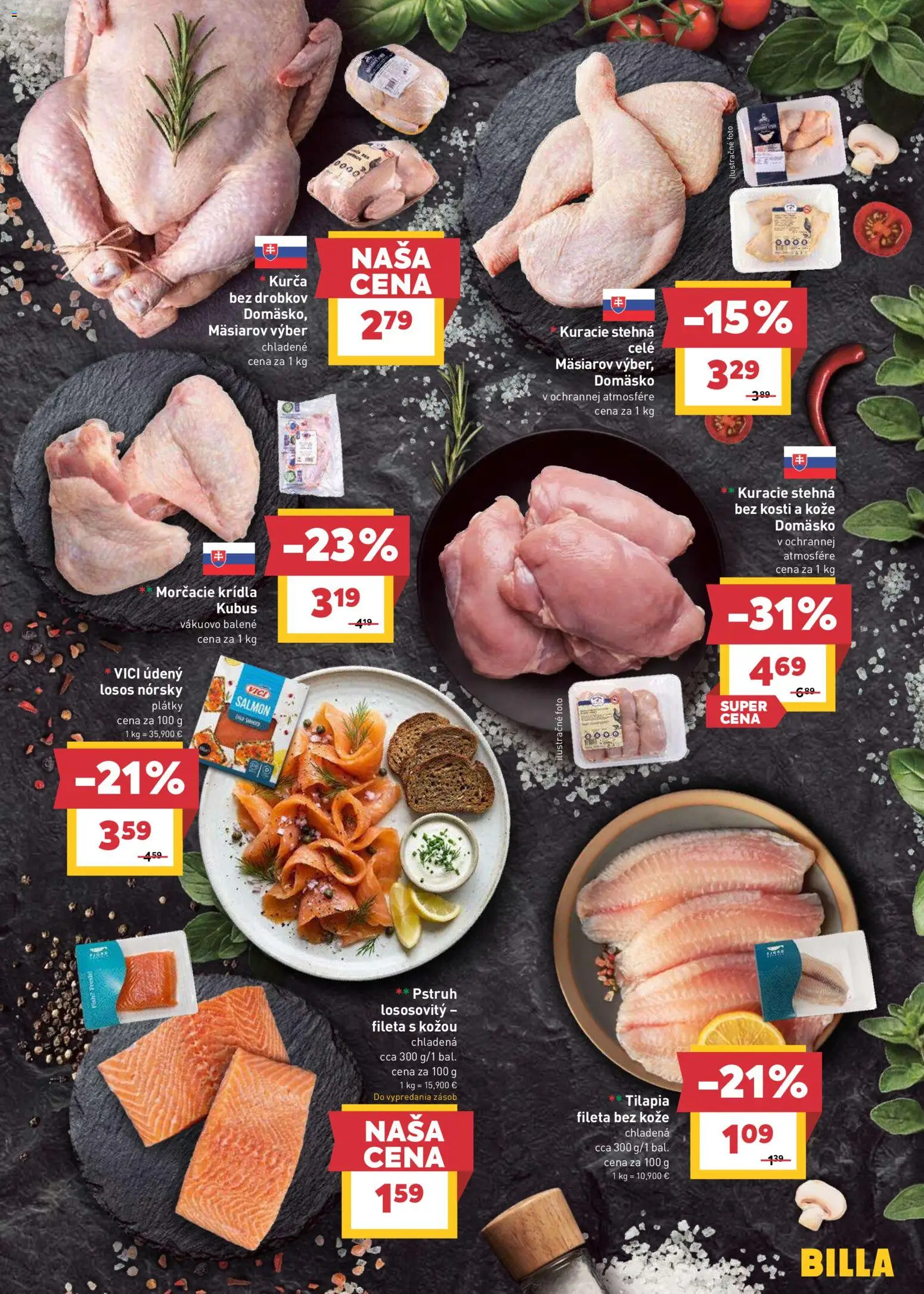Nové Billa akcie – leták je platný od 26.08.2026 | Strana: 7 | Produkty: Kuracie stehná, Tilápia, Losos, Kurča