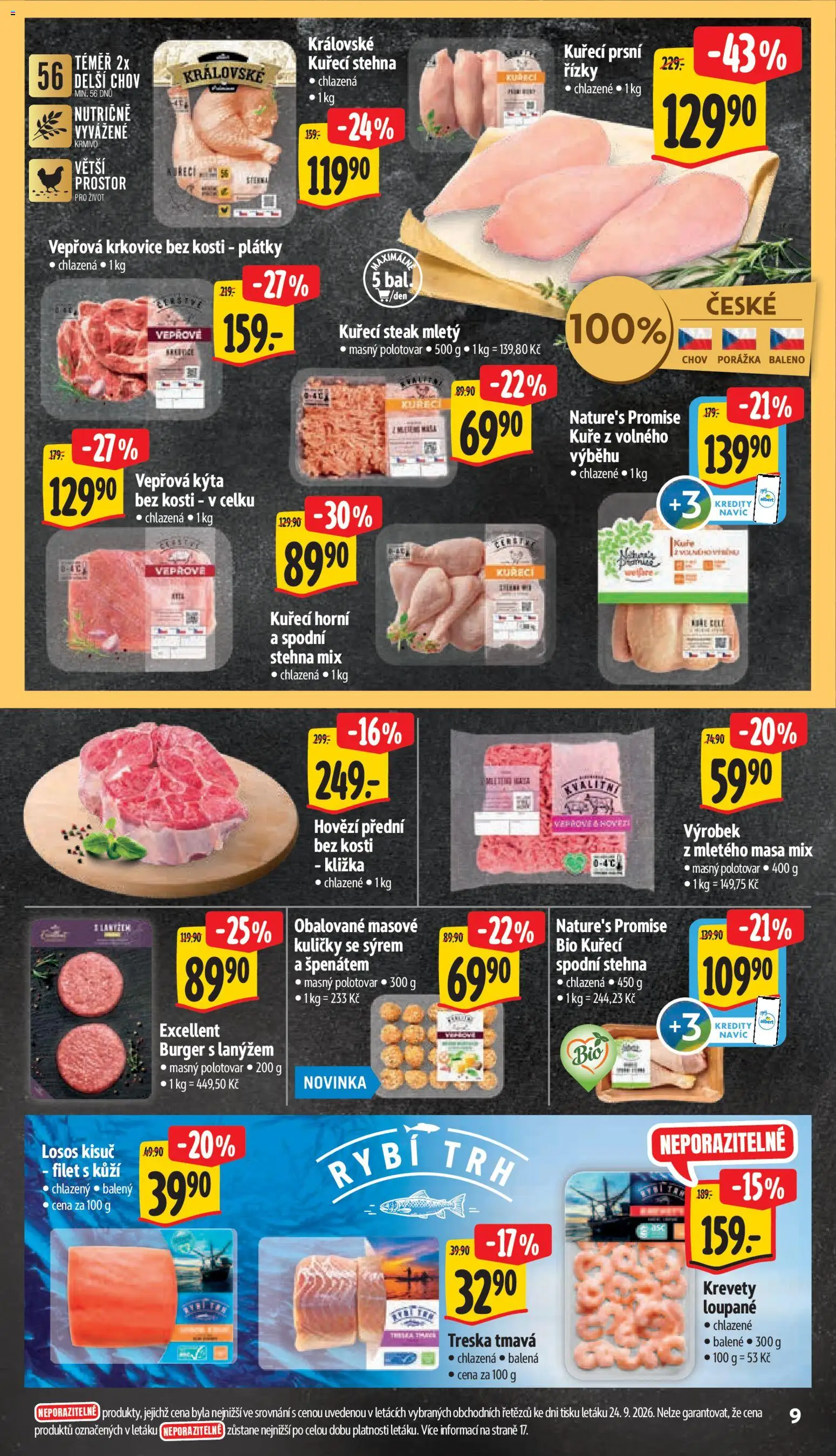 Albert leták - Supermarket Frenštát pod Radhoštěm od 30.09.2026 | Strana: 23 | Produkty: Hovězí přední, Kýta bez kosti, Filet, Krevety