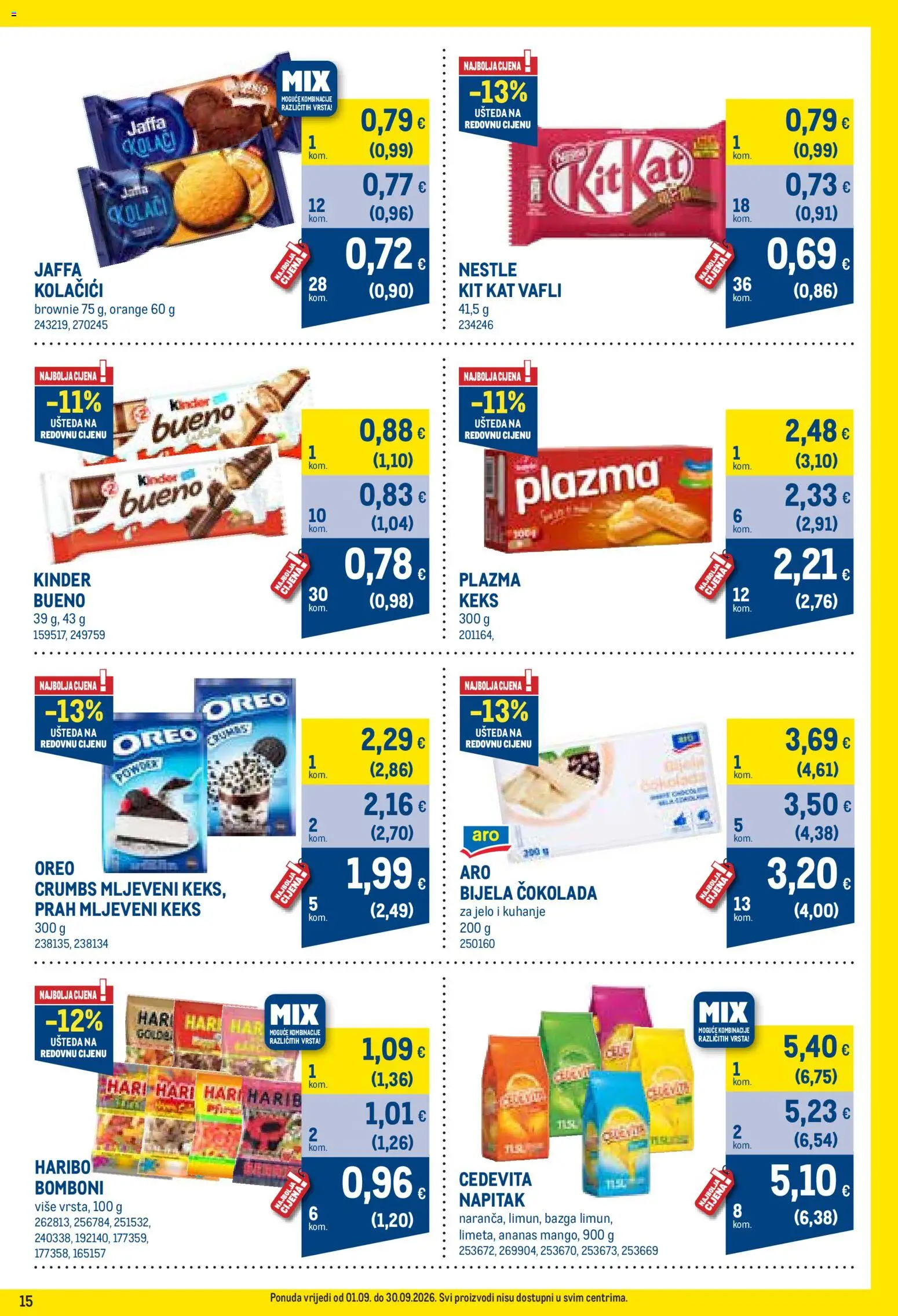 Metro katalog | vrijedi od 01.09.2026 | Stranica: 15 | Proizvodi: Bijela čokolada, Bomboni, Keks, Cedevita
