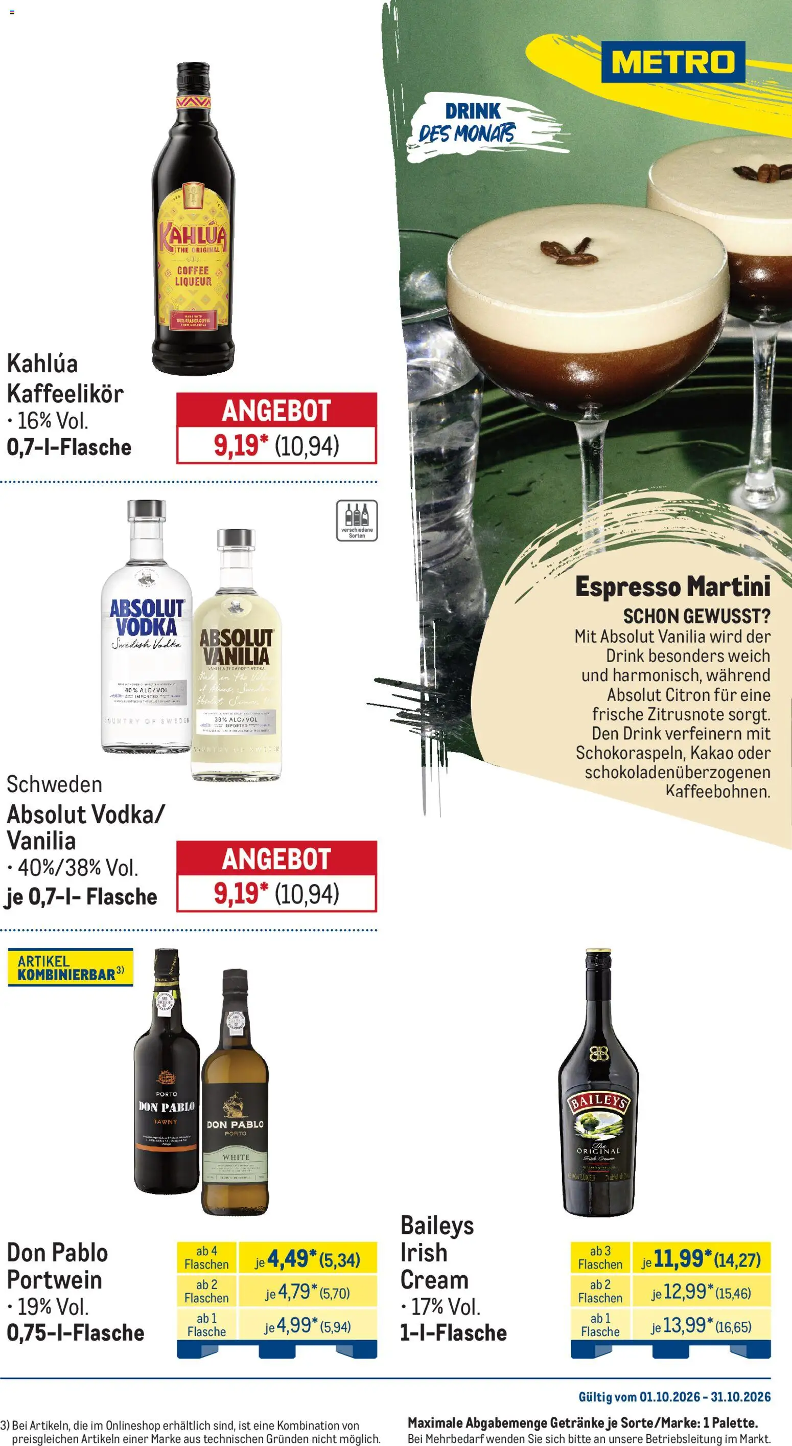 Metro Monats-Menü – gültig ab 01.10.2026 | Seite: 34 | Produkte: Martini, Baileys, Vodka