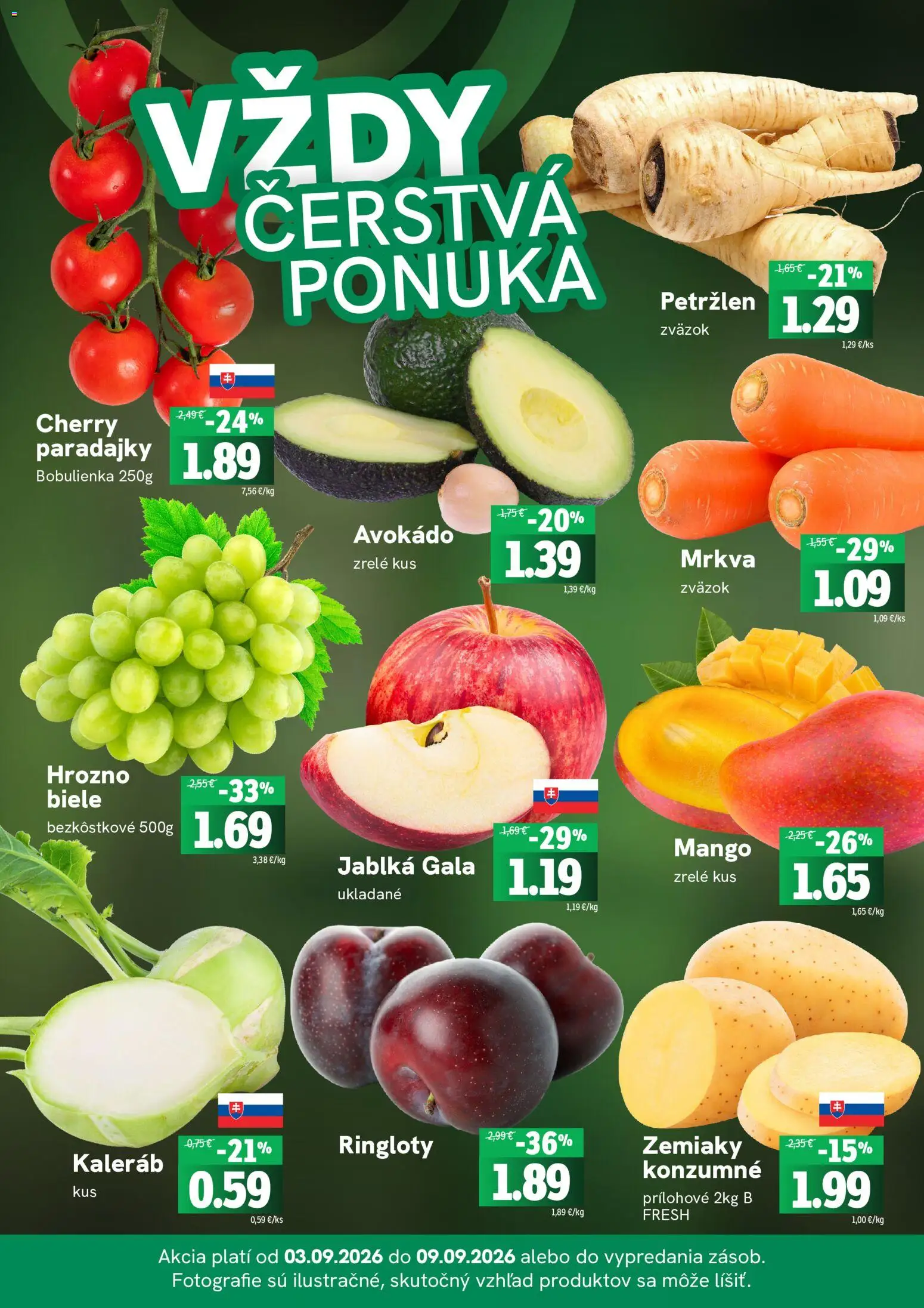 Nové Fresh akcie – leták je platný od 03.09.2026 | Strana: 3 | Produkty: Jablká, Paradajky, Mrkva, Mango