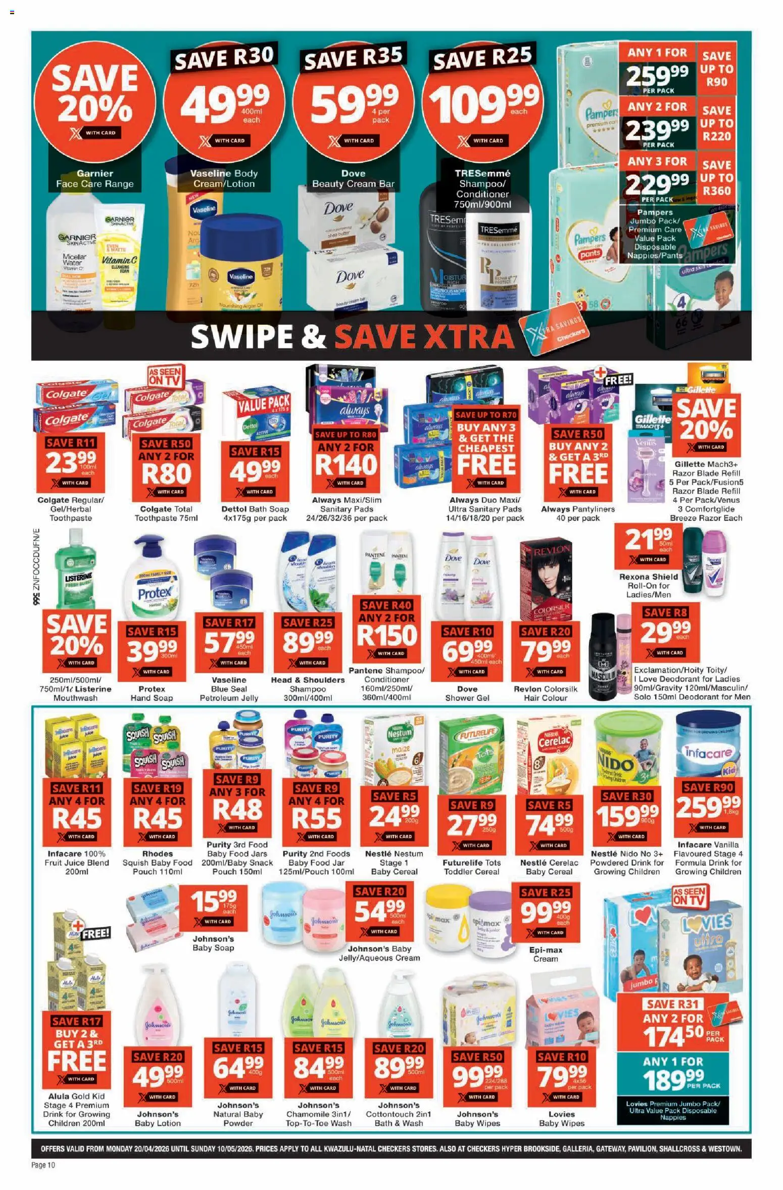 New Checkers catalogue – valid from 20.04.2026 | Page: 10 | Products: Pants, Shower gel, Baby food, Toothpaste