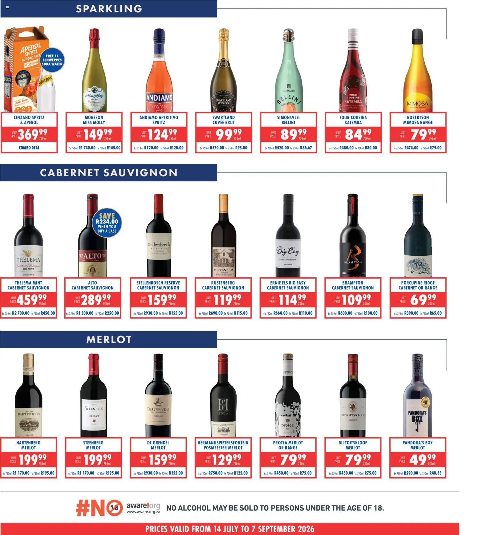 New Ultra Liquors catalogue – valid from 14/07/2026 | Page: 2 | Products: Case, Aperol, Wine, Water