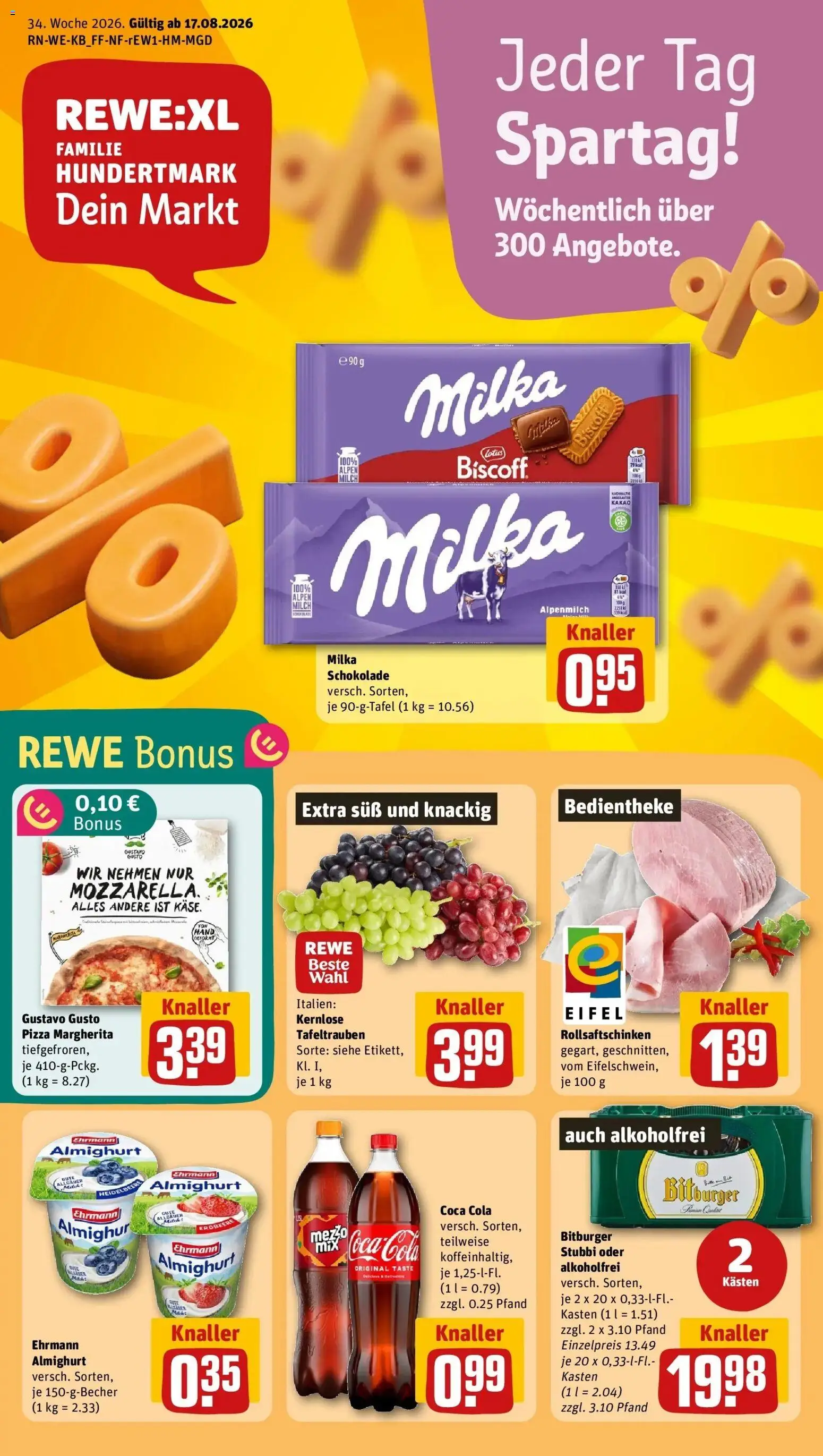 REWE Prospekt ab 17.08.2026 zum Blättern » Angebote | Seite: 1 | Produkte: Gustavo gusto, Cola, Milka schokolade, Pizza