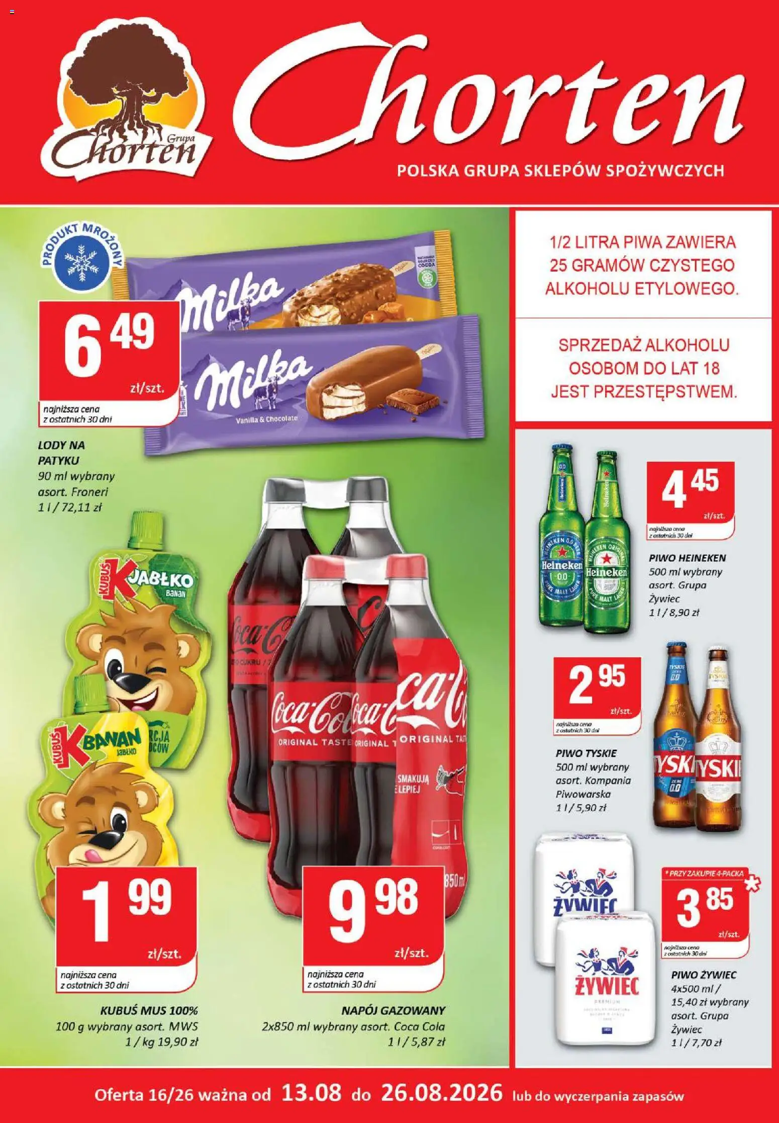 Chorten gazetka - Plakat od 13.08.2026 | Strona: 1 | Produkty: Kubuś, Coca cola, Tyskie, Piwo