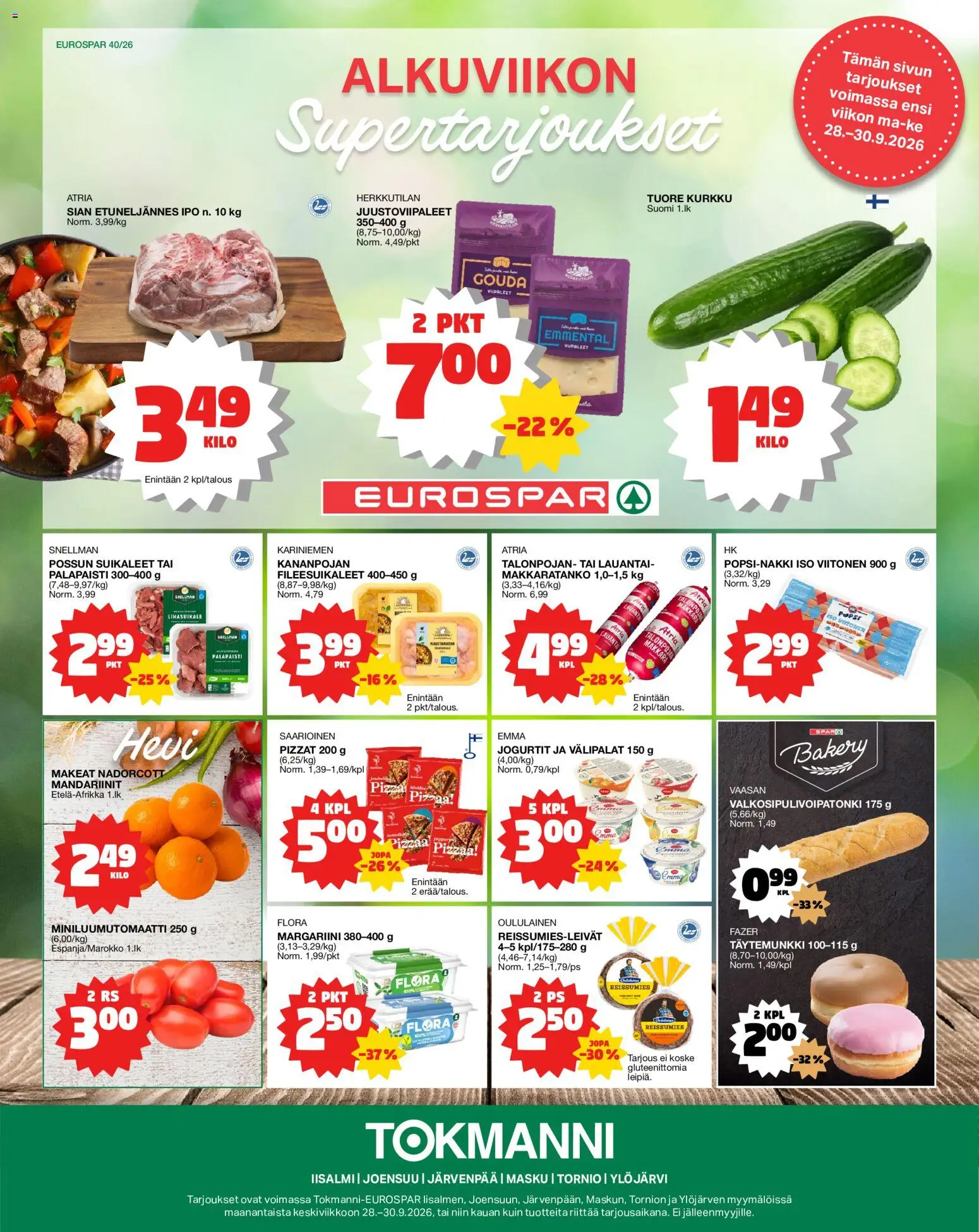 Tokmanni Eurospar – voimassa 28/09/2026 alkaen | Sivu: 1 | Tuotteet: Margariini, Emmental, Kurkku, Mandariinit