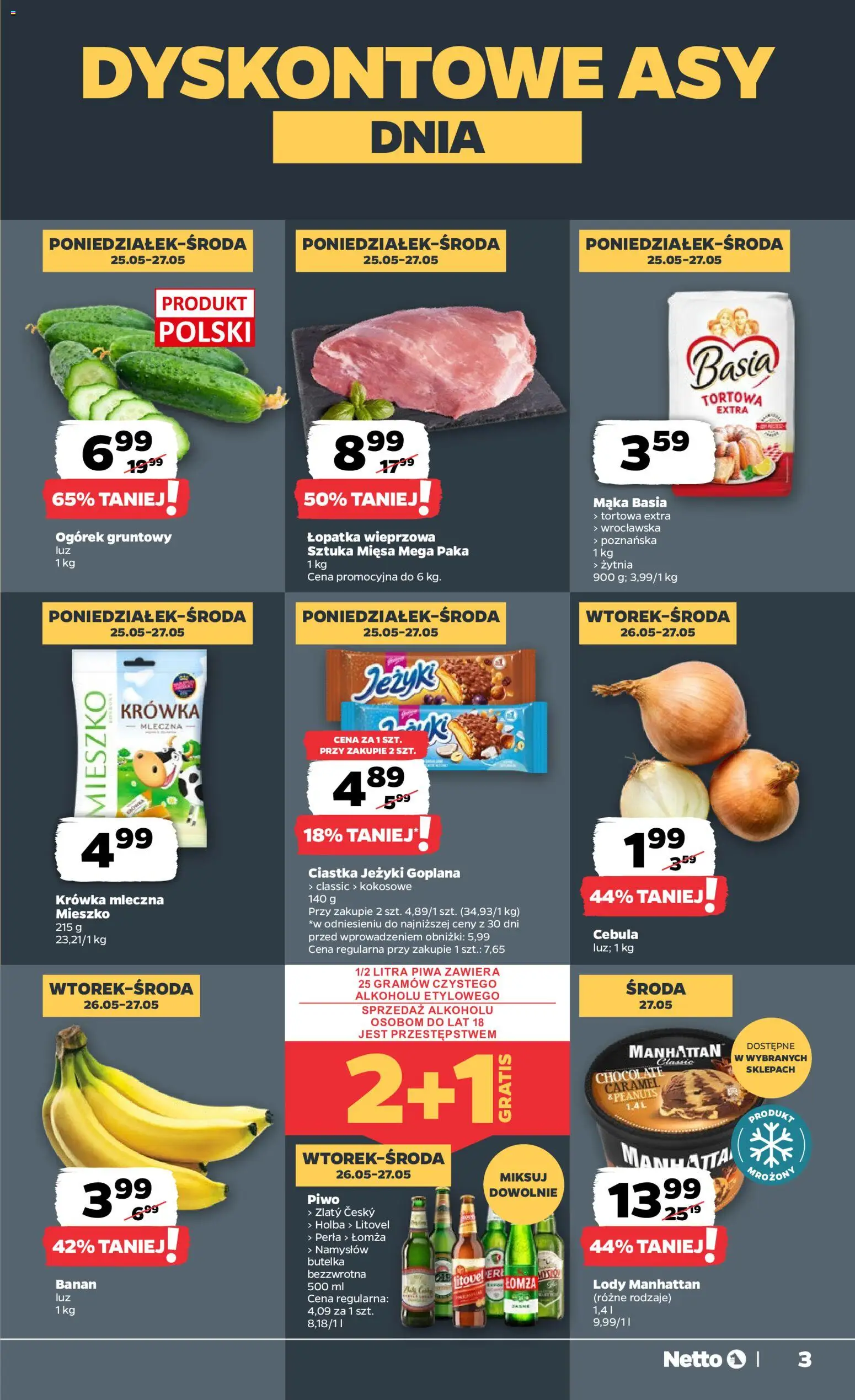 Netto gazetka od poniedziałku spożywcza od 25.05.2026 | Strona: 3 | Produkty: Lody manhattan, Łopatka wieprzowa, Piwo, Ciastka