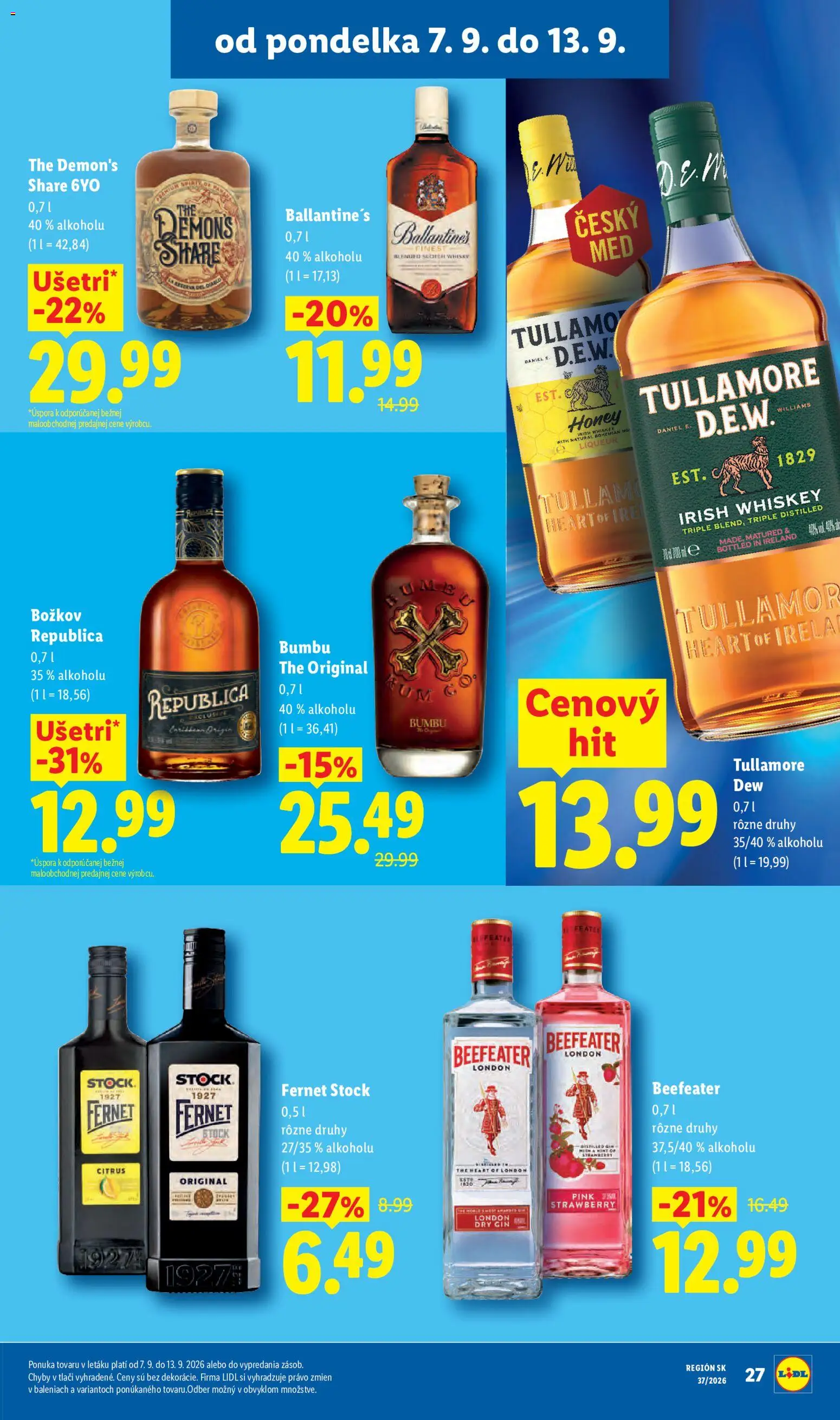 Nové Lidl akcie – leták je platný od 07.09.2026 | Strana: 31 | Produkty: Beefeater, Whisky, Fernet, Fernet Stock