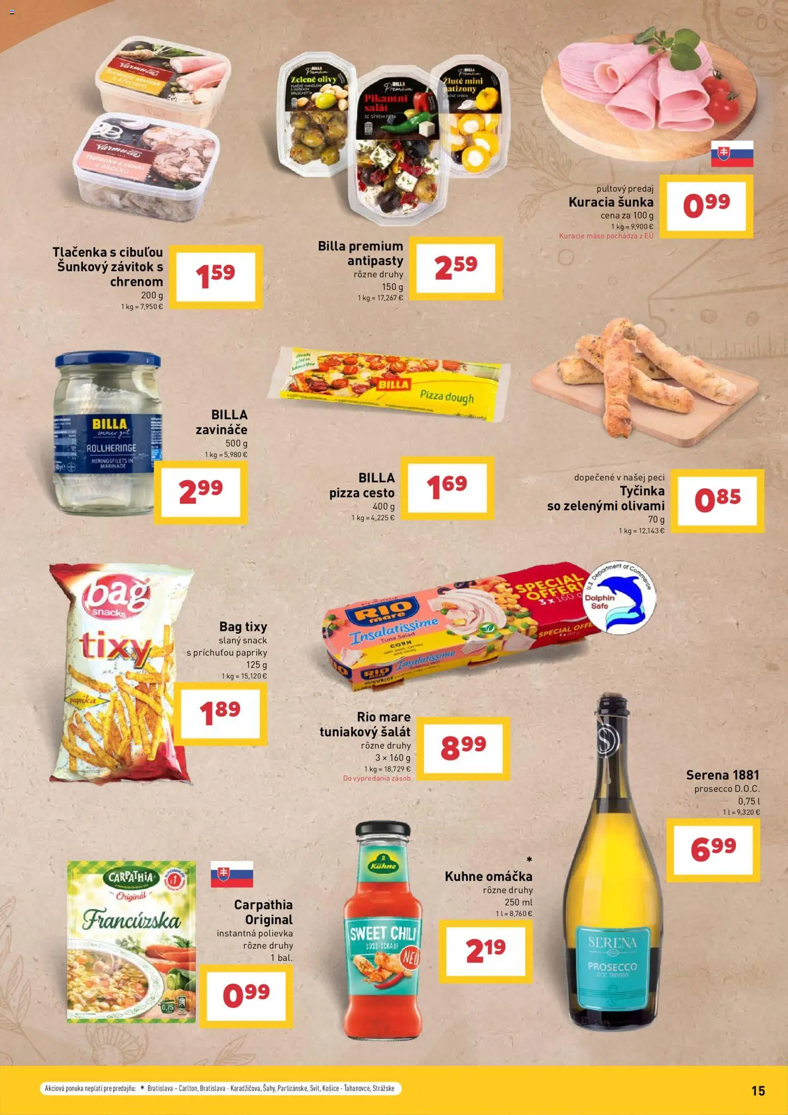Nové Billa akcie – leták je platný od 29.04.2026 | Strana: 15 | Produkty: Kuracie mäso, Prosecco, Rio Mare, Šalát