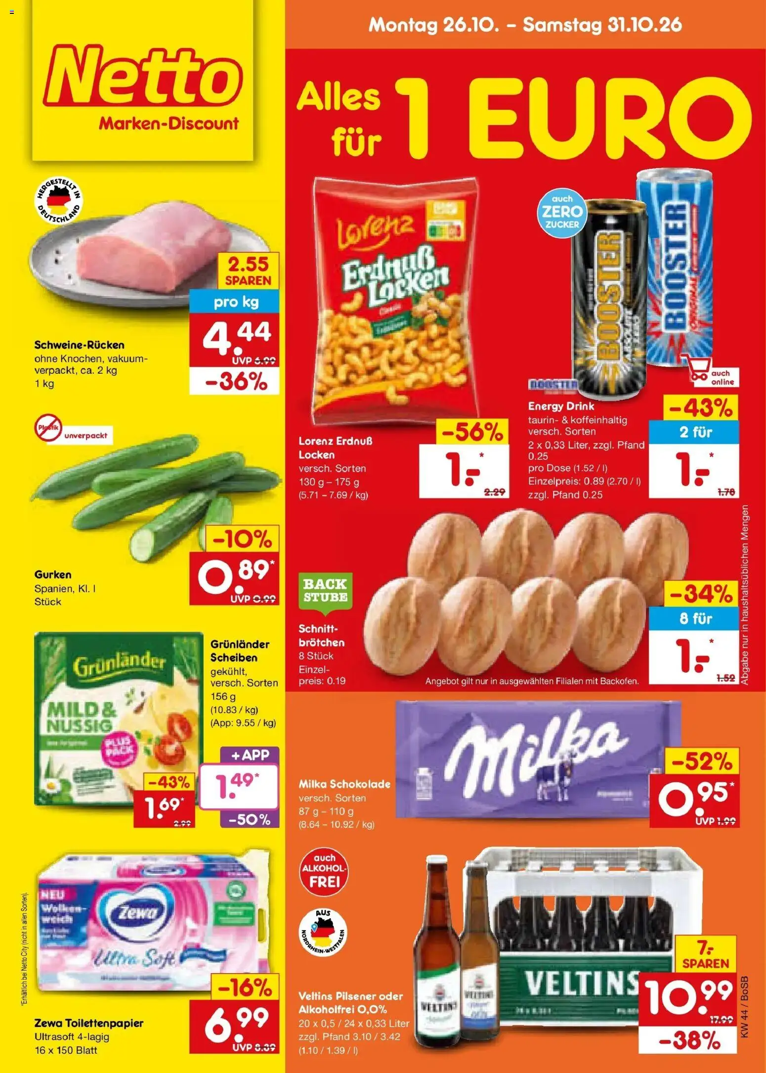 Netto Marken-Discount Prospekt Bochum – gültig ab 26.10.2026 | Seite: 1 | Produkte: Schokolade, Zucker, Schweinerucken, Gurken